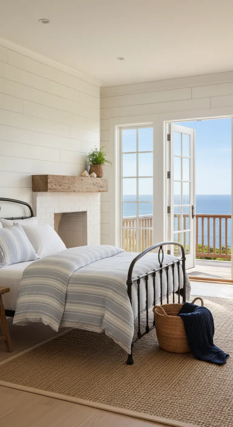 Camera da letto costiera con pareti bianche, letto in ferro battuto e vista sull'oceano.