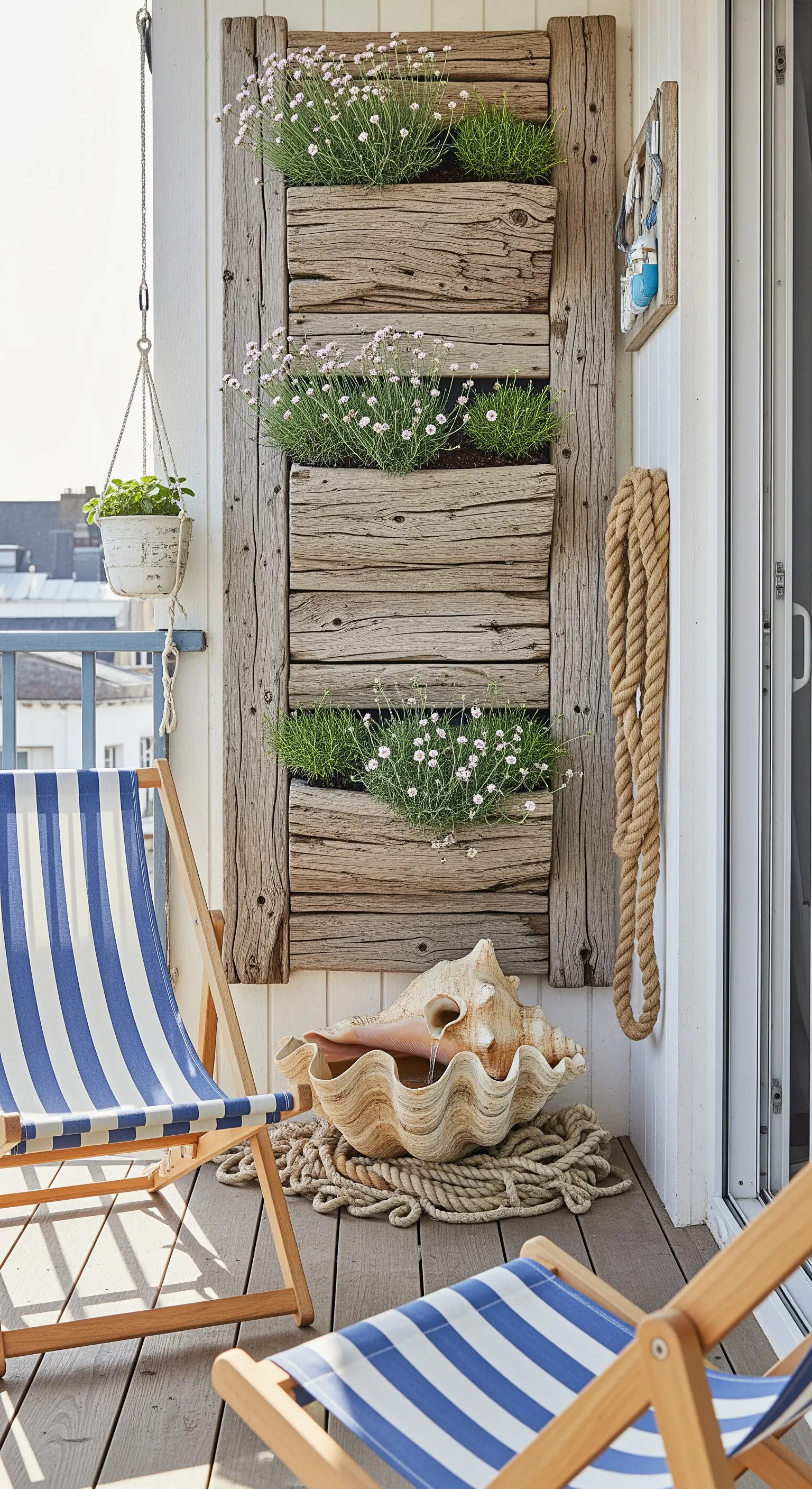 Balcone in stile marinaro con fioriera in legno di recupero, sedie a sdraio e fontana a conchiglia.
