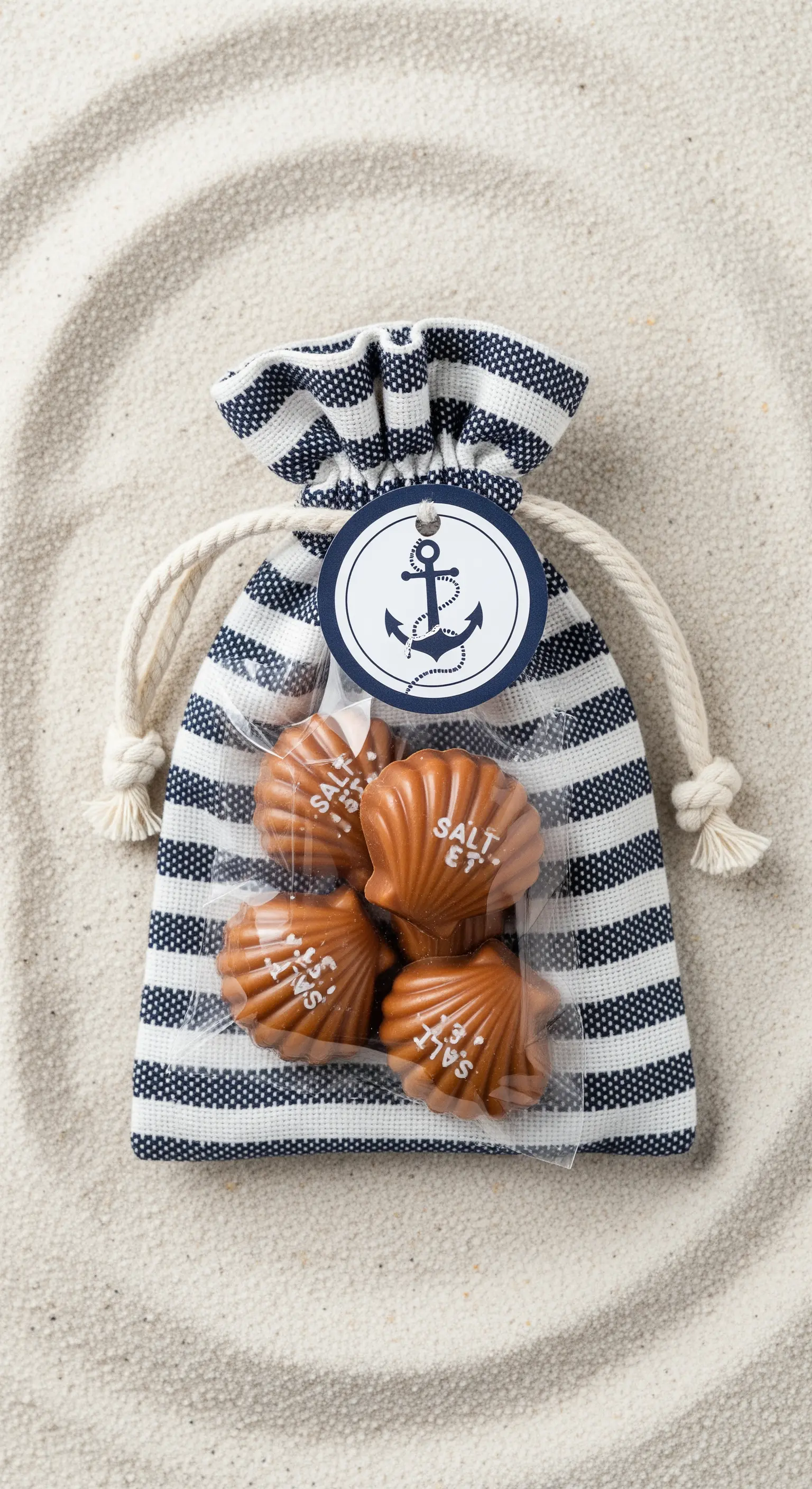 Sacchetto a righe marinare con cioccolatini a forma di conchiglia e un'etichetta con un'ancora.