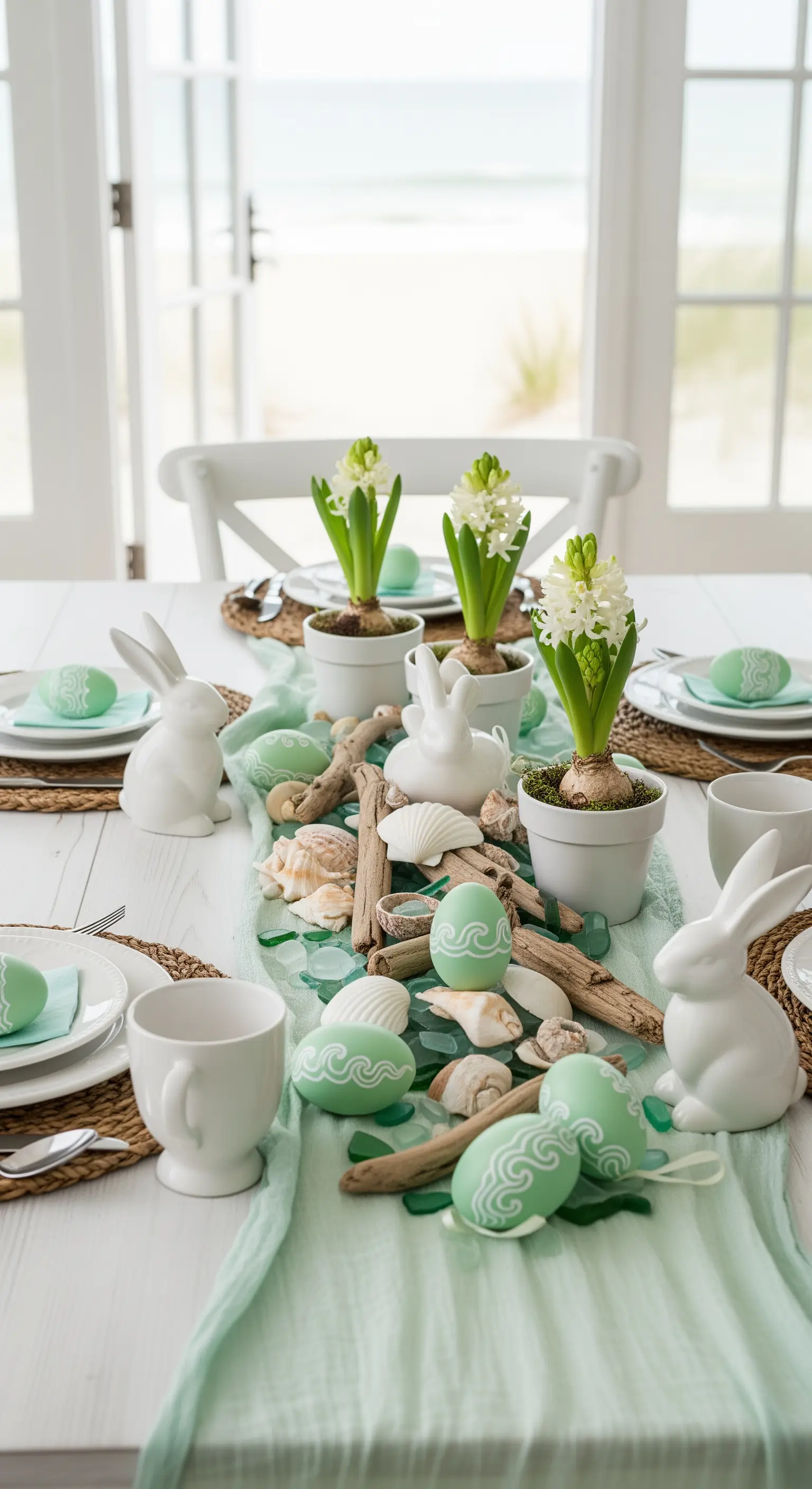 Tavola pasquale a tema marino con runner verde acqua, legni, conchiglie e giacinti bianchi
