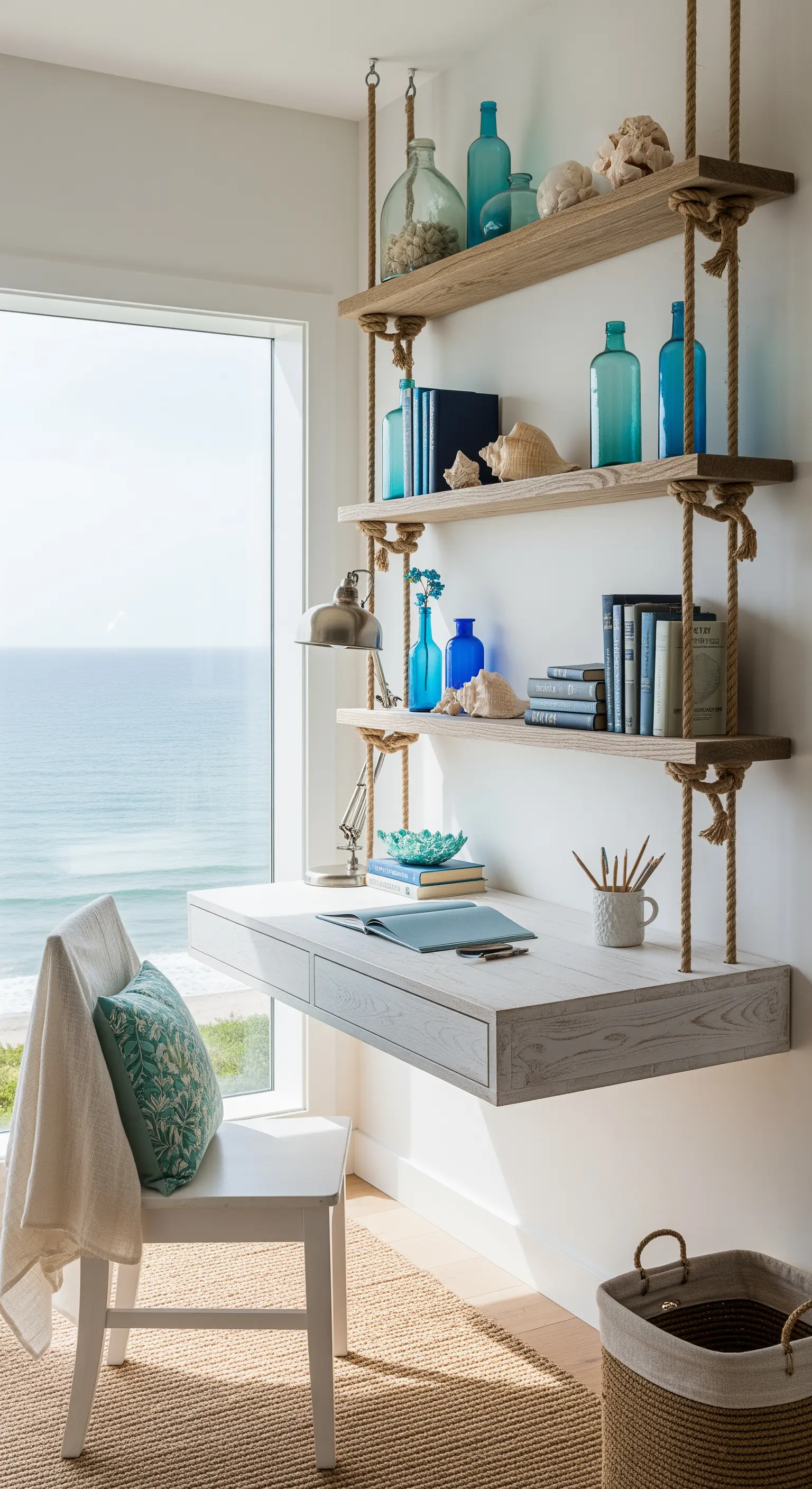 Scrivania e mensole sospese con corde di canapa, con vista sul mare e decorazioni a tema.