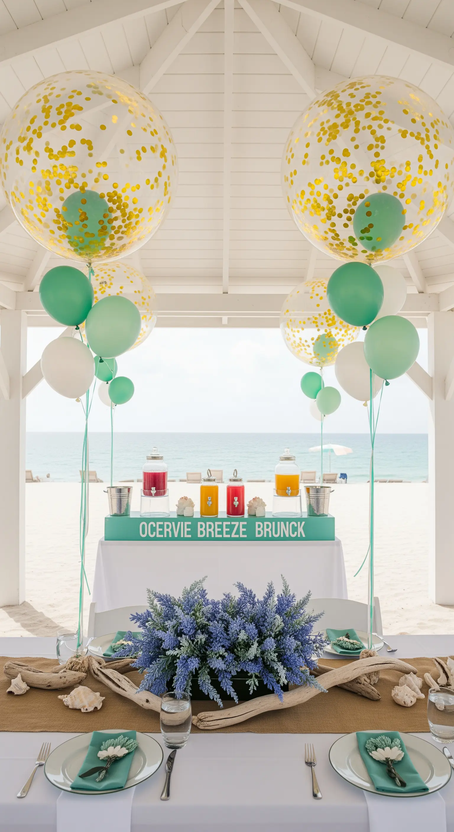 Tavola da brunch sulla spiaggia con palloncini trasparenti con coriandoli e dettagli verde menta.