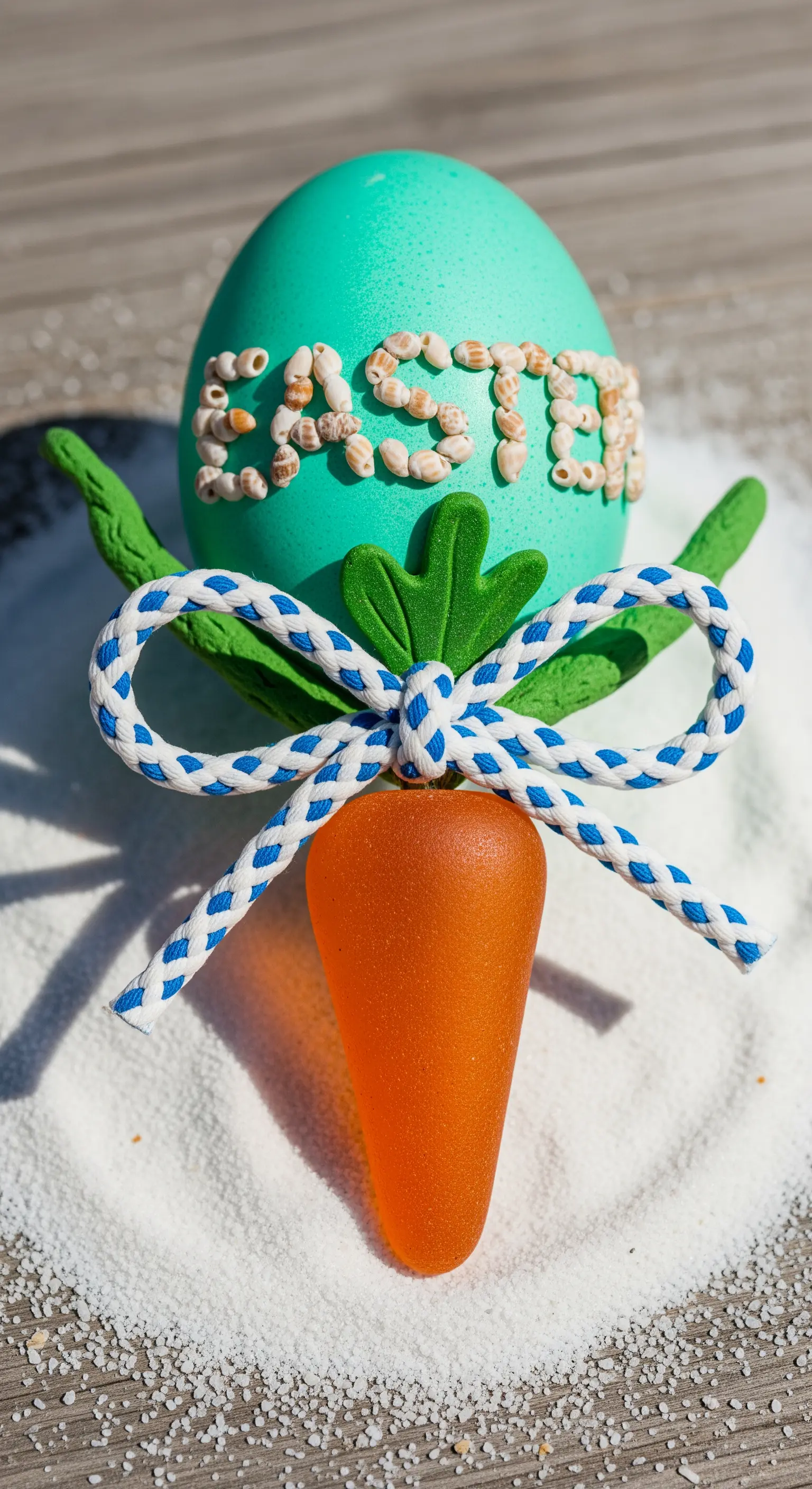 Segnaposto pasquale a tema marino con uovo turchese, conchiglie, sabbia e carota in resina.