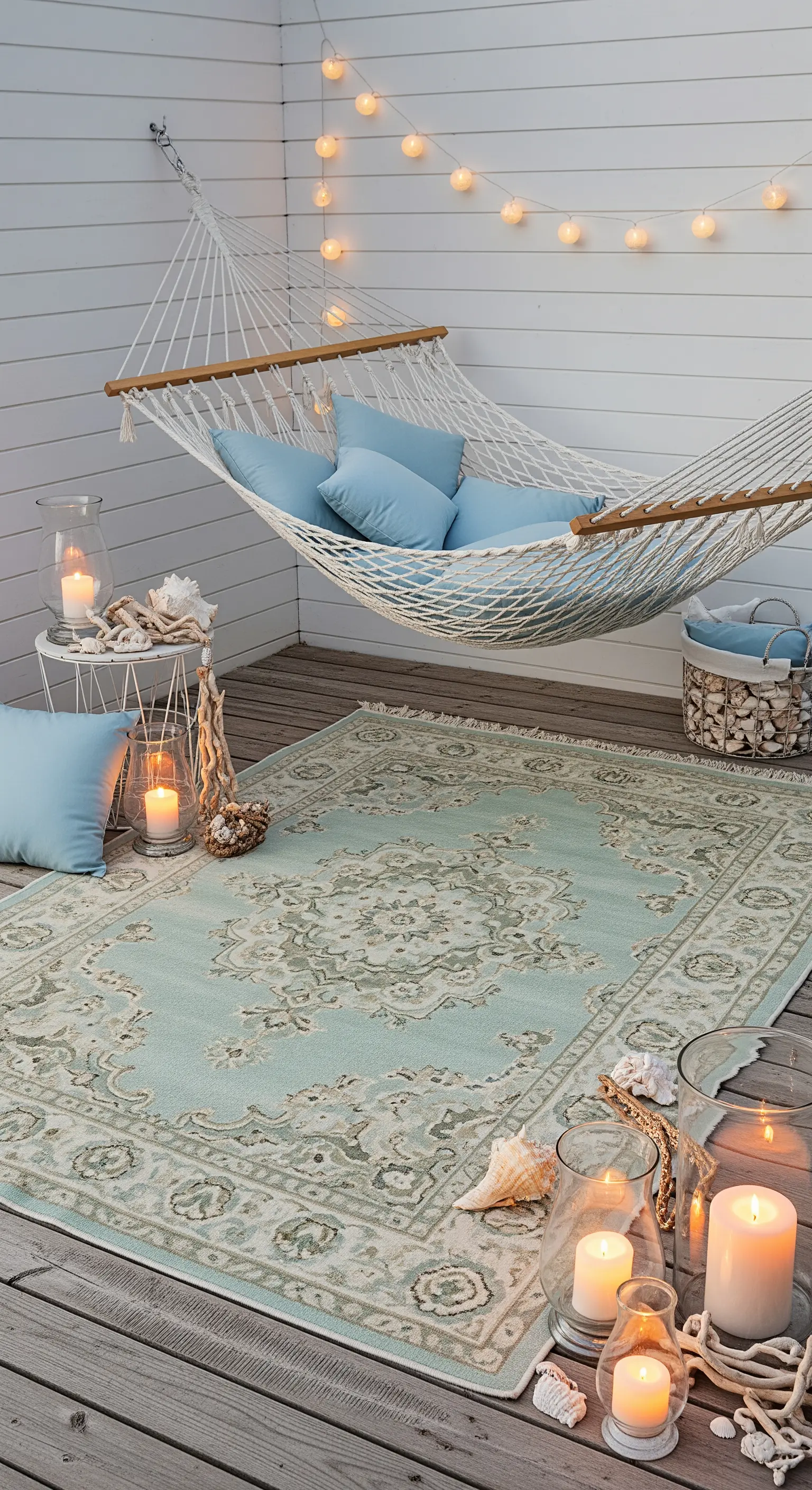 Veranda con amaca, tappeto verde acqua, conchiglie e candele in lanterne di vetro.