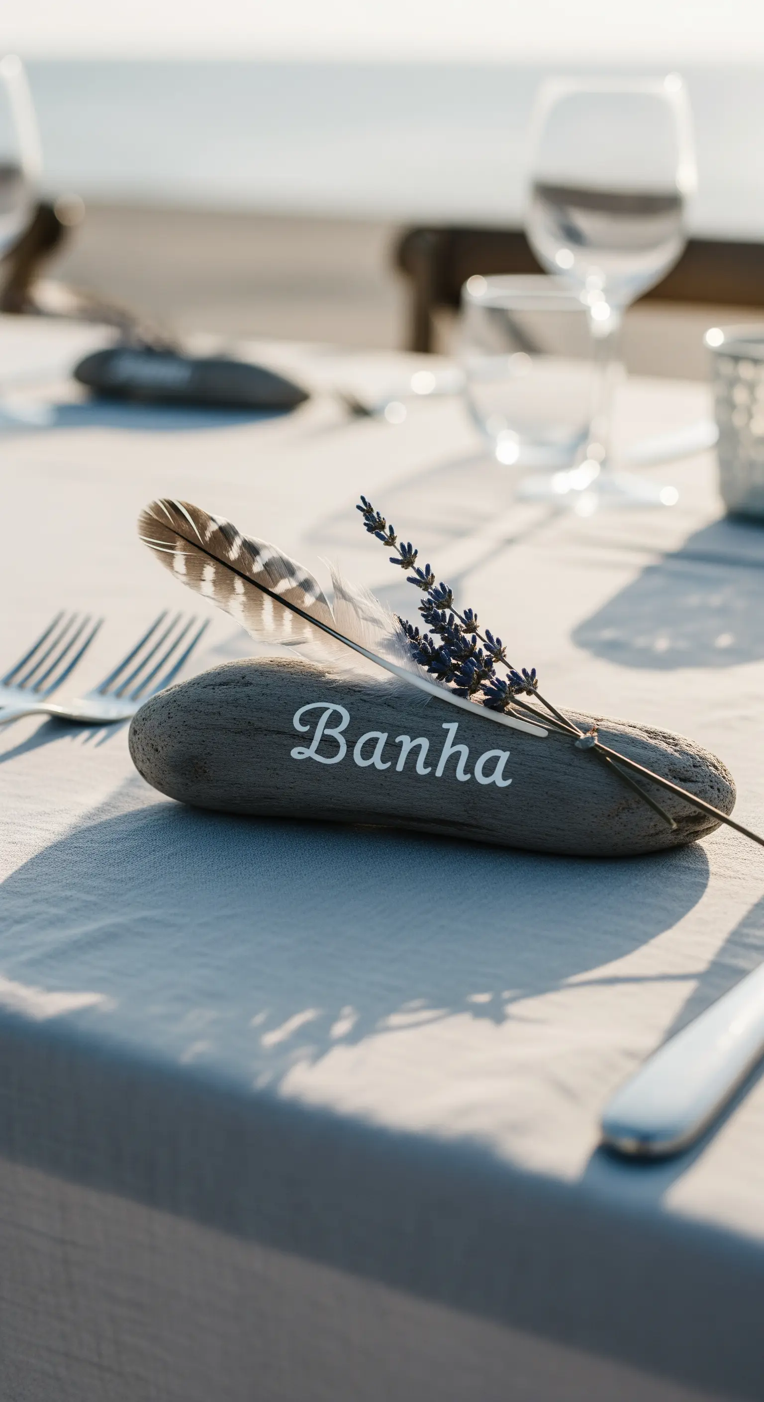 Segnaposto con nome scritto su un legno levigato, decorato con piuma e lavanda.