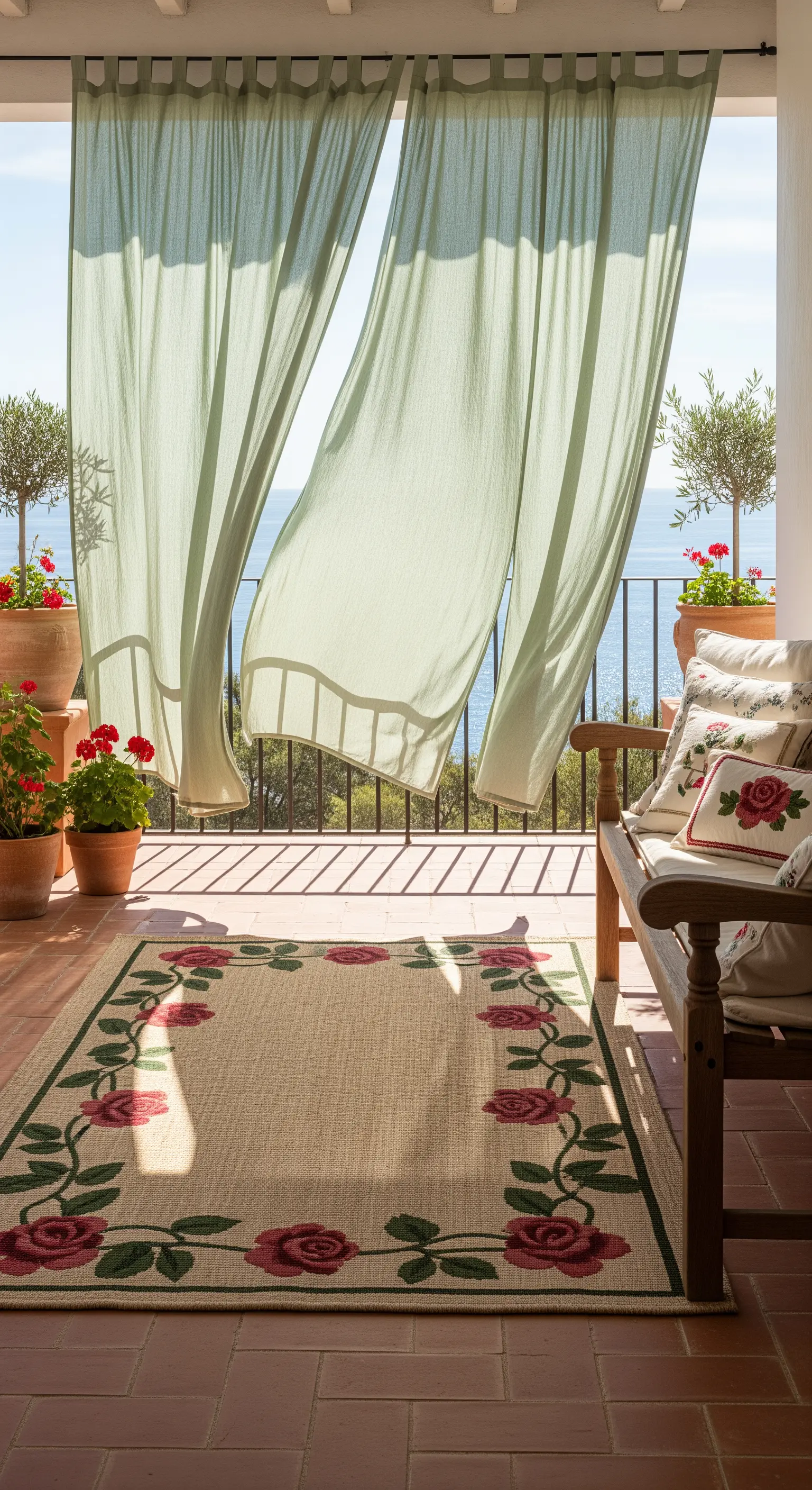 Terrazza vista mare con panca in legno, tappeto con bordo a rose e tende color salvia.