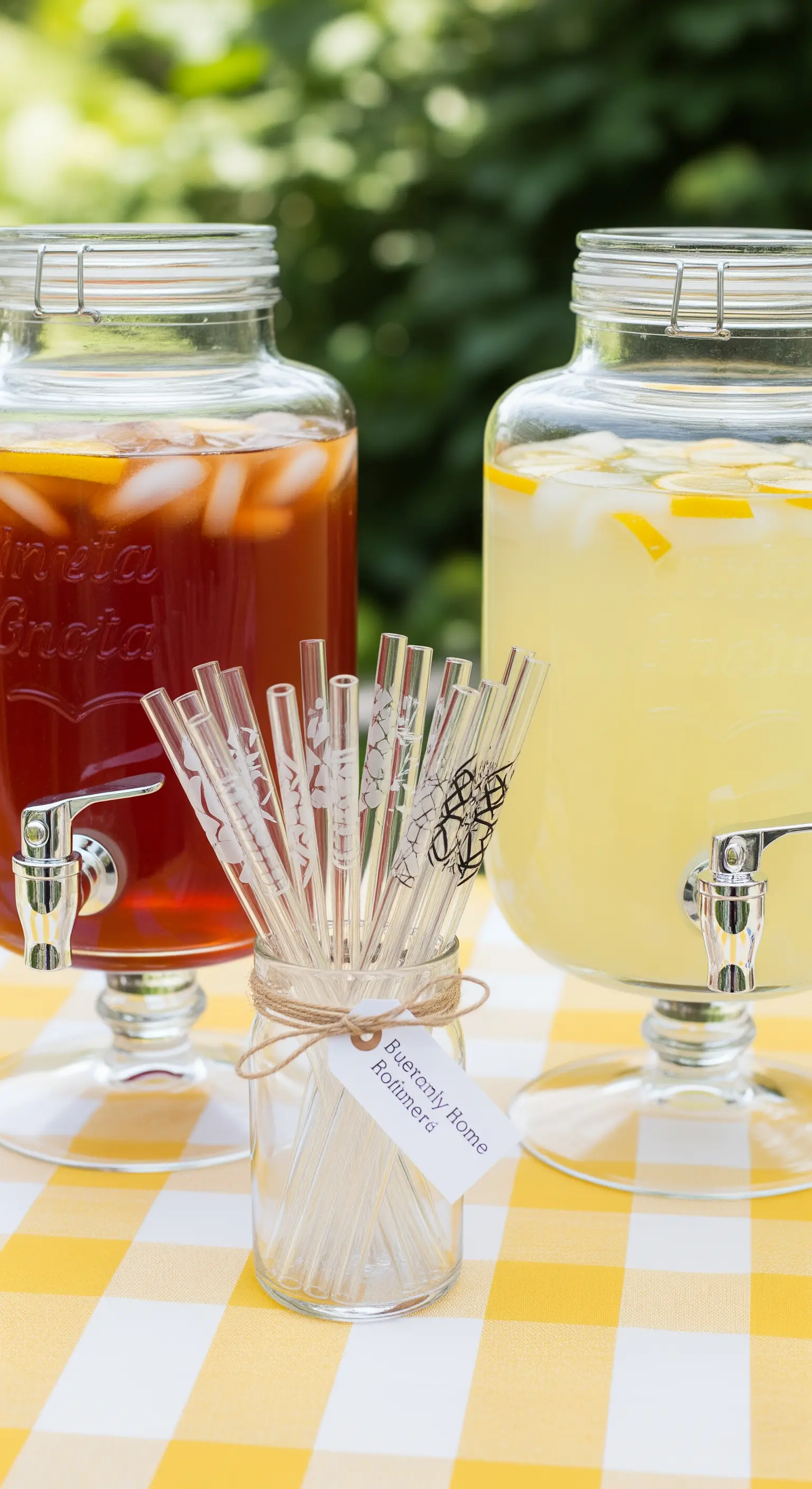 Cannucce di vetro incise raccolte in un barattolo con un'etichetta