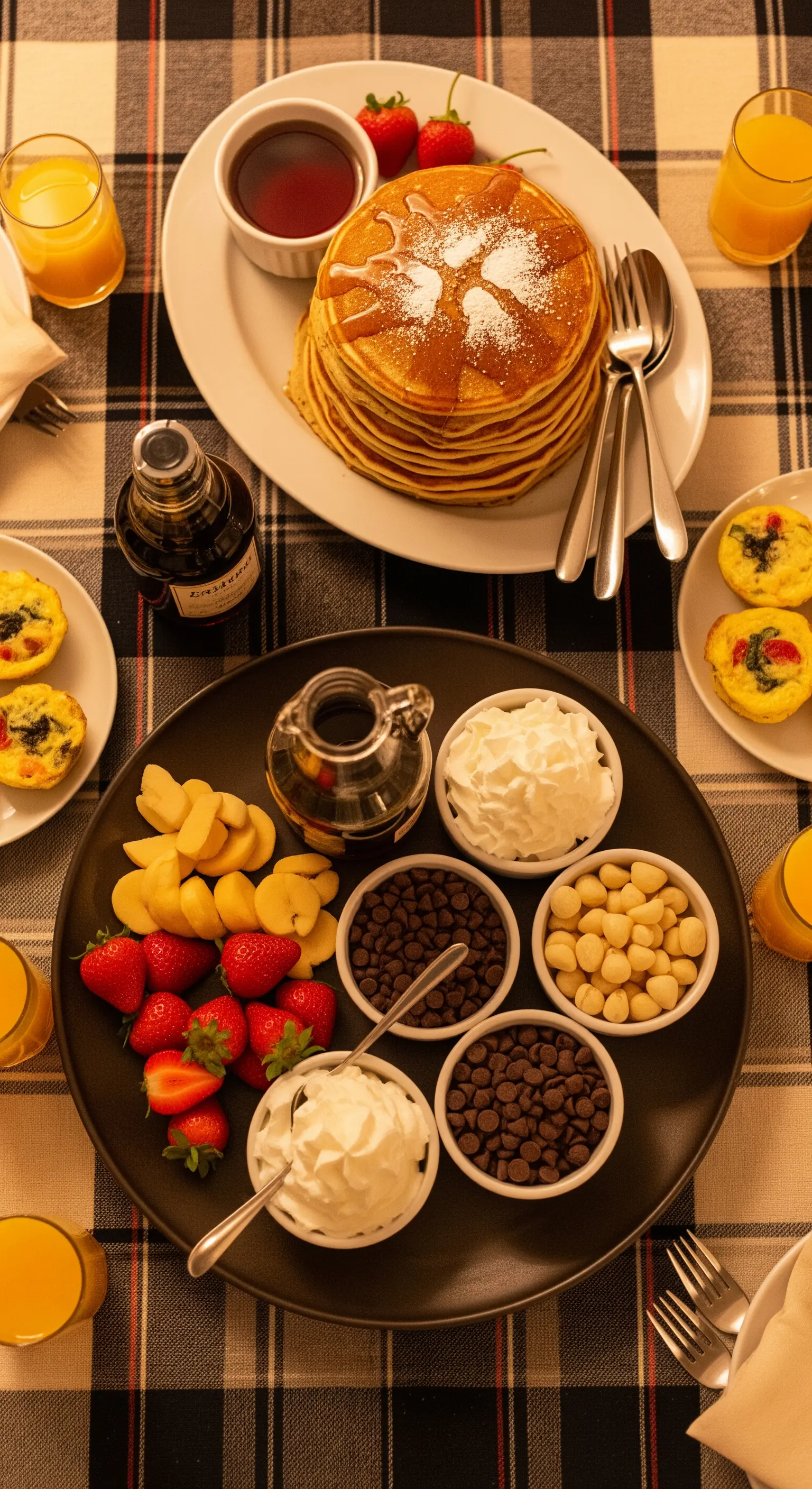 Tavolo da brunch con una pila di pancake e diverse ciotole con topping assortiti.