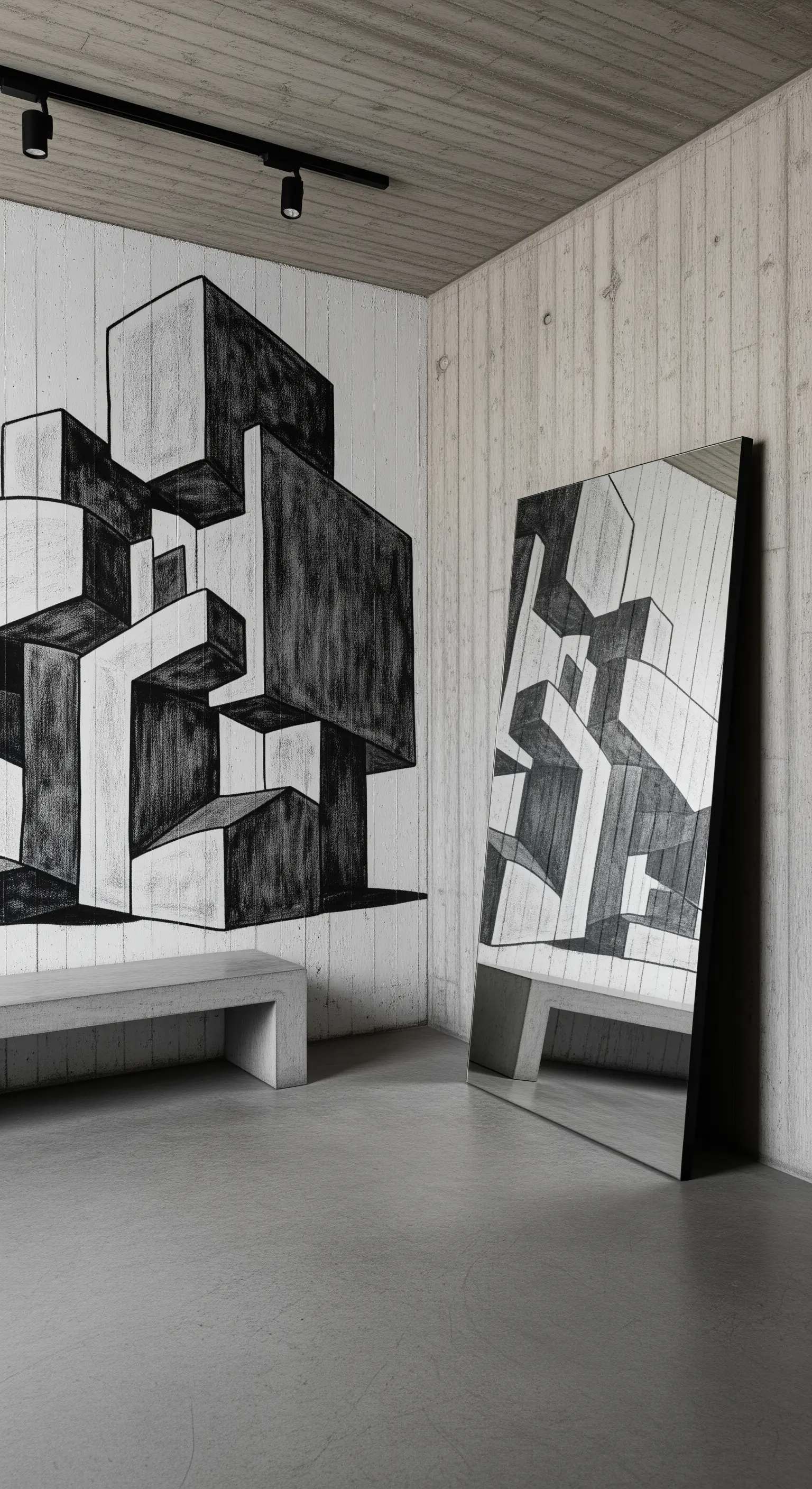 Ingresso brutalista con murale astratto su parete di cemento e specchio a terra.