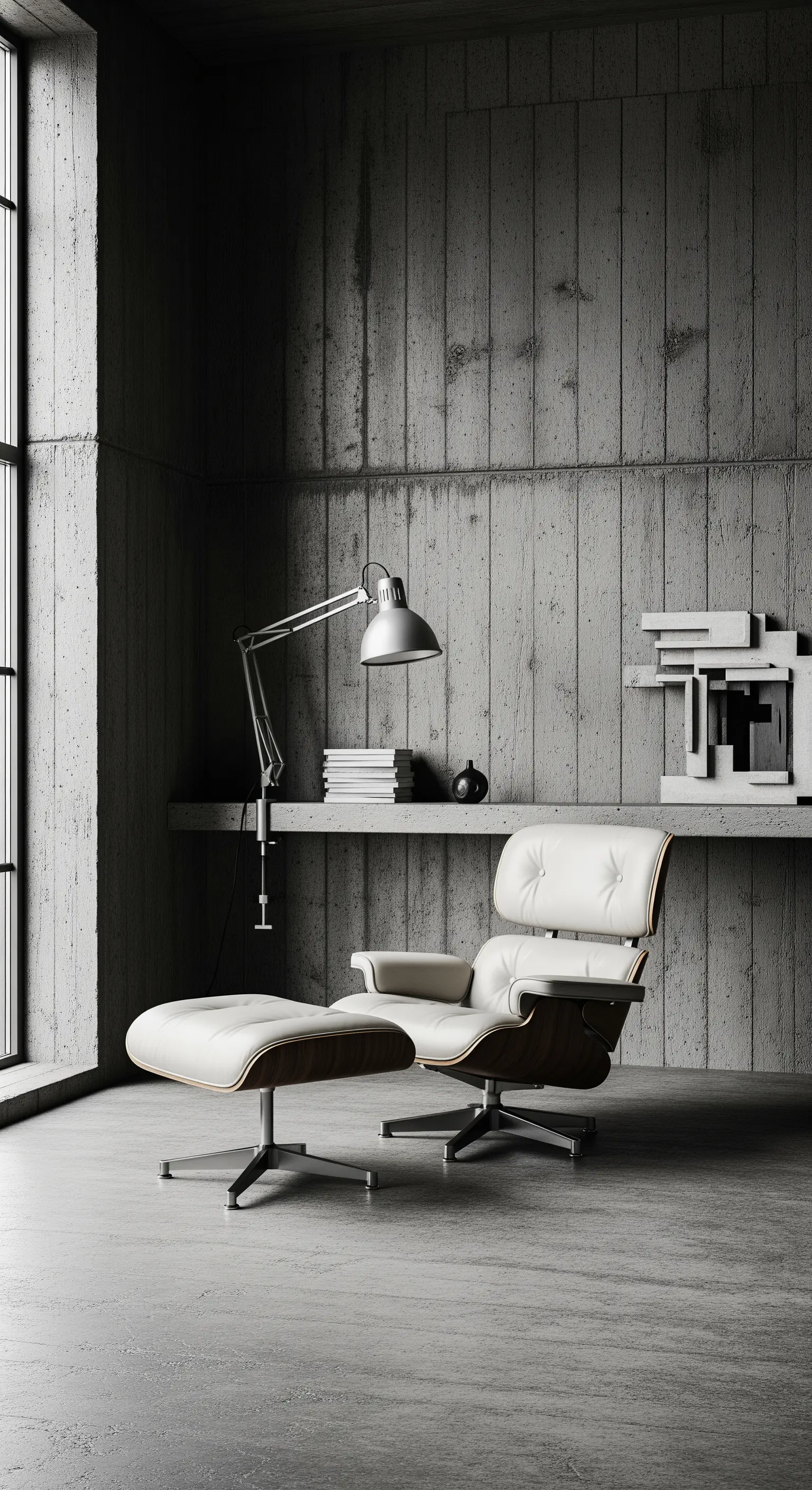 Poltrona di design in pelle bianca e legno in una stanza con pareti in cemento grezzo.