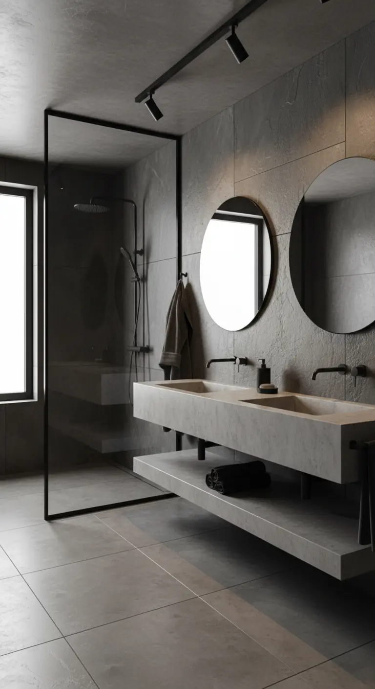 Bagno minimalista con pareti e lavabo in cemento, specchi rotondi e rubinetteria nera.