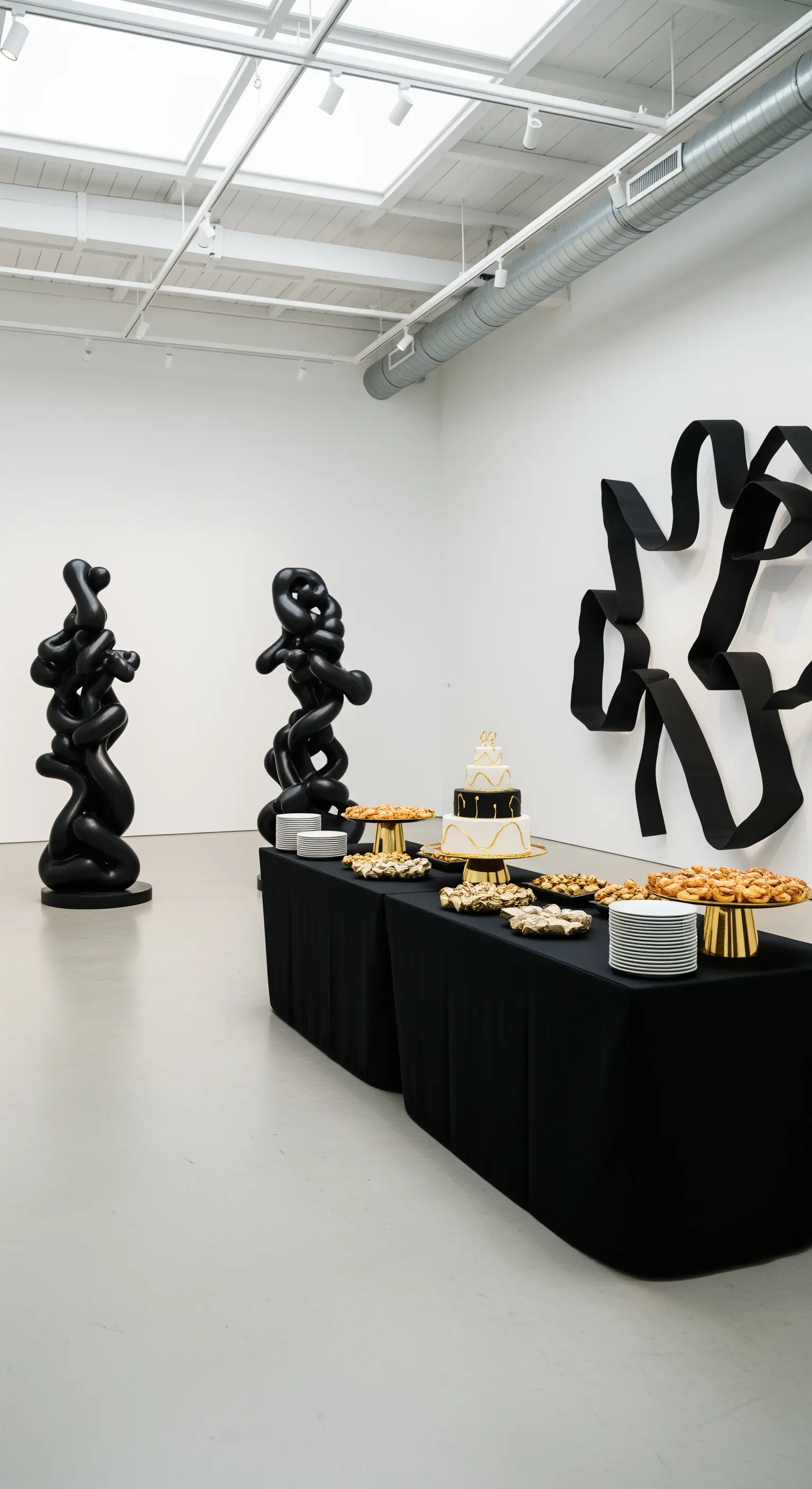 Buffet minimalista in una galleria d'arte, con tavoli neri e sculture contemporanee.