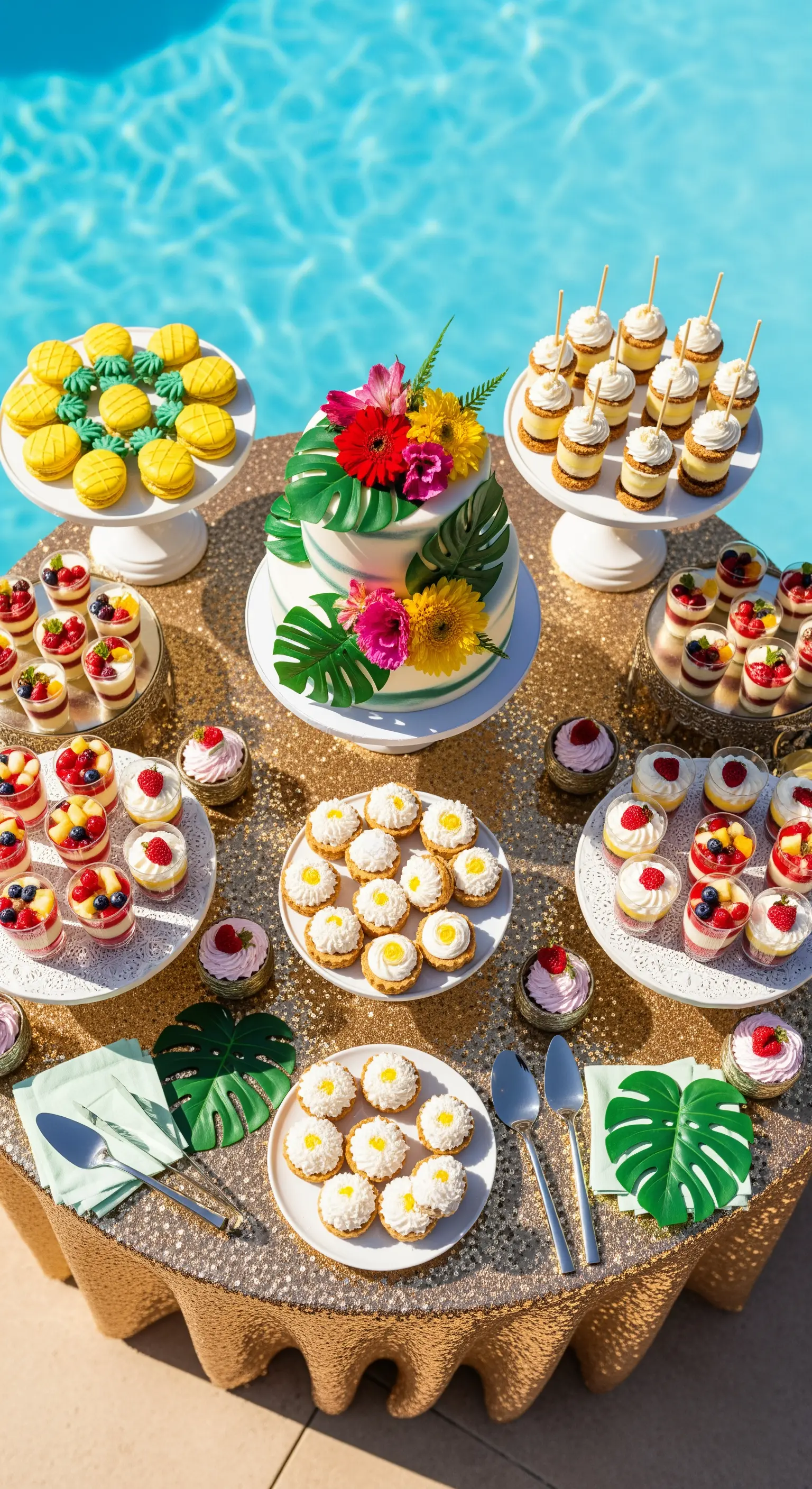 Tavolo da dessert a bordo piscina con torta a tema tropicale, pasticcini e decorazioni dorate.
