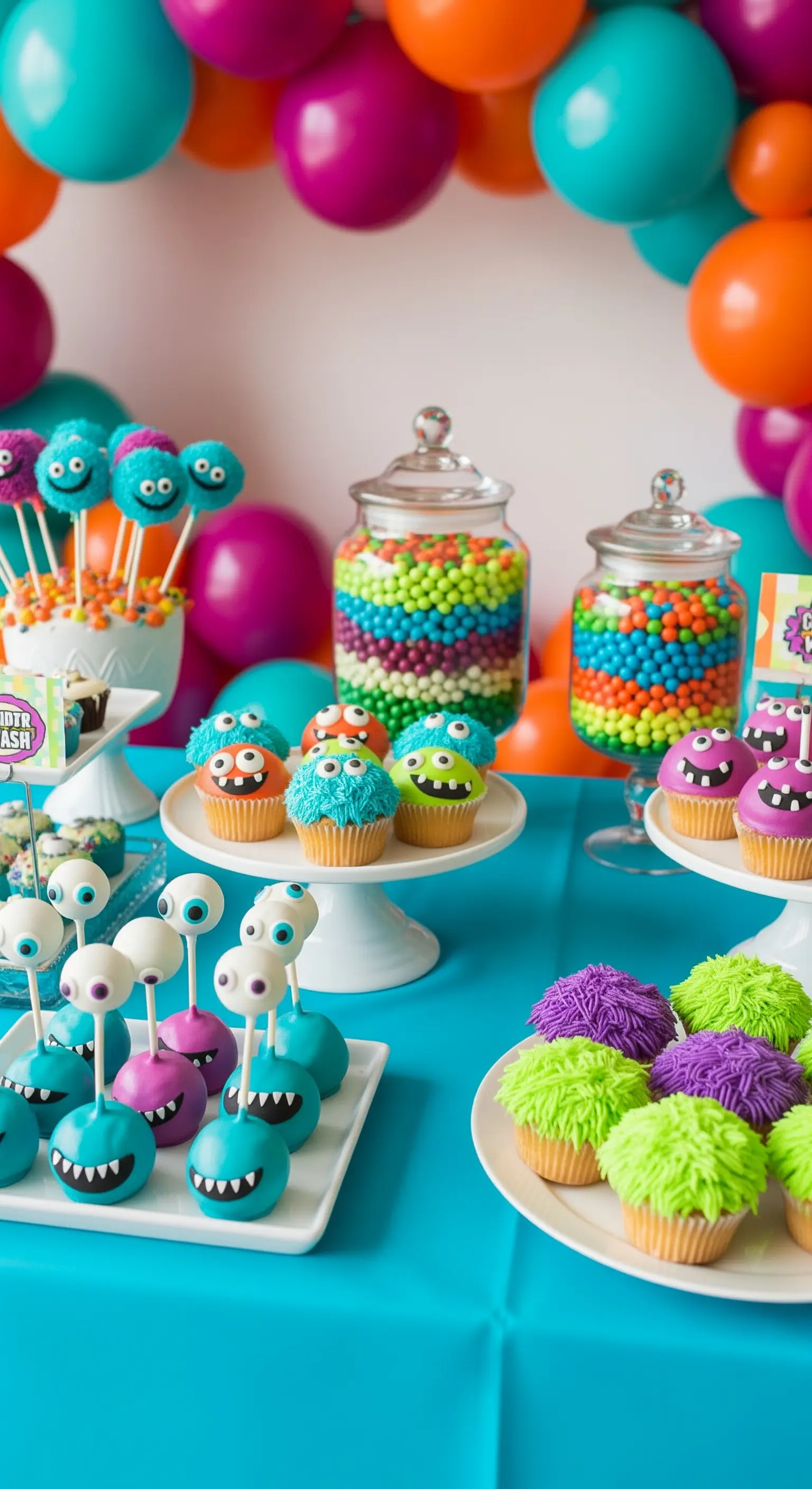Tavolo da buffet di Halloween con dolcetti a tema mostro e palloncini colorati.