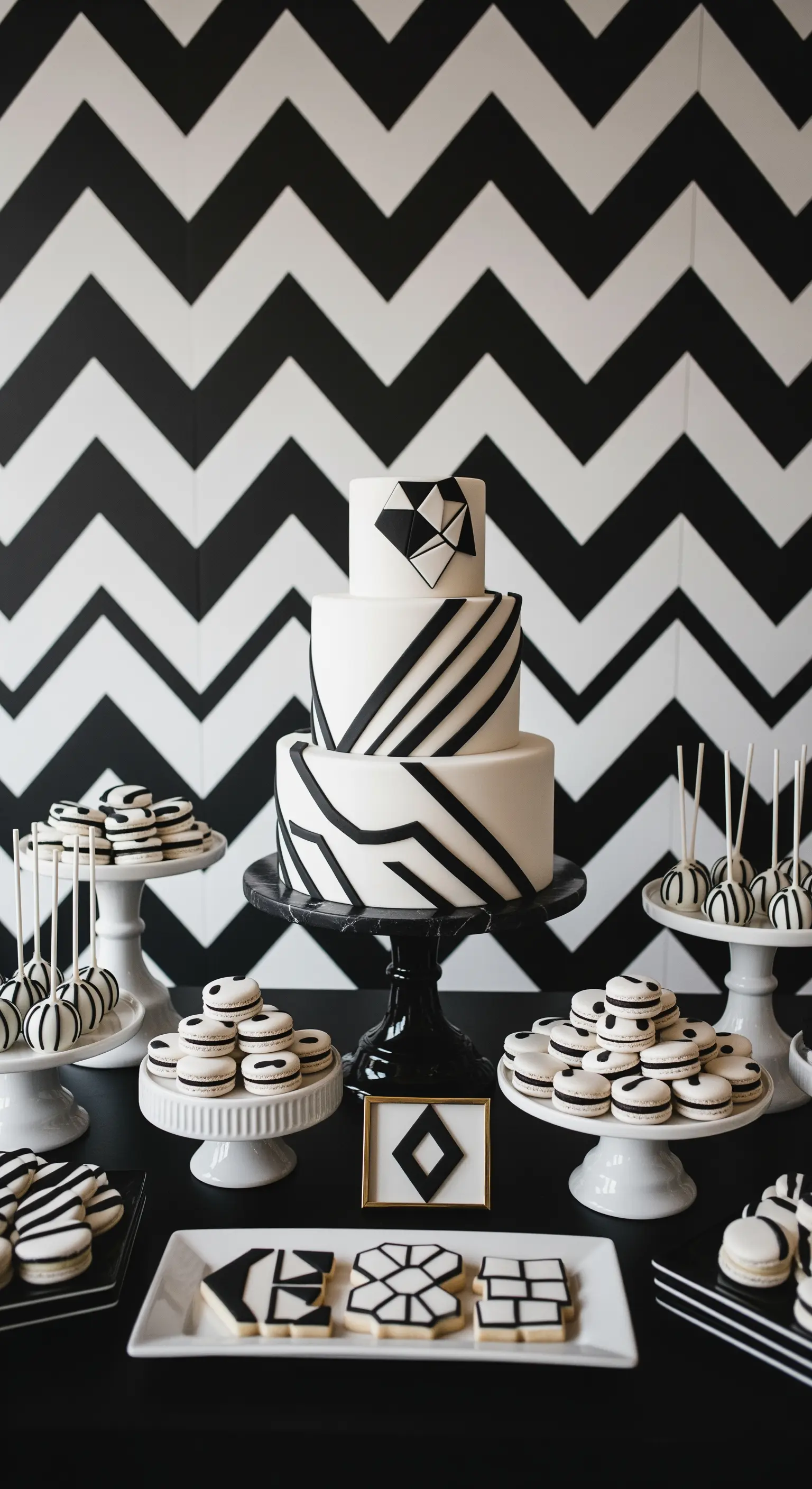 Tavolo dei dolci in bianco e nero con sfondo a chevron e torta a più piani.
