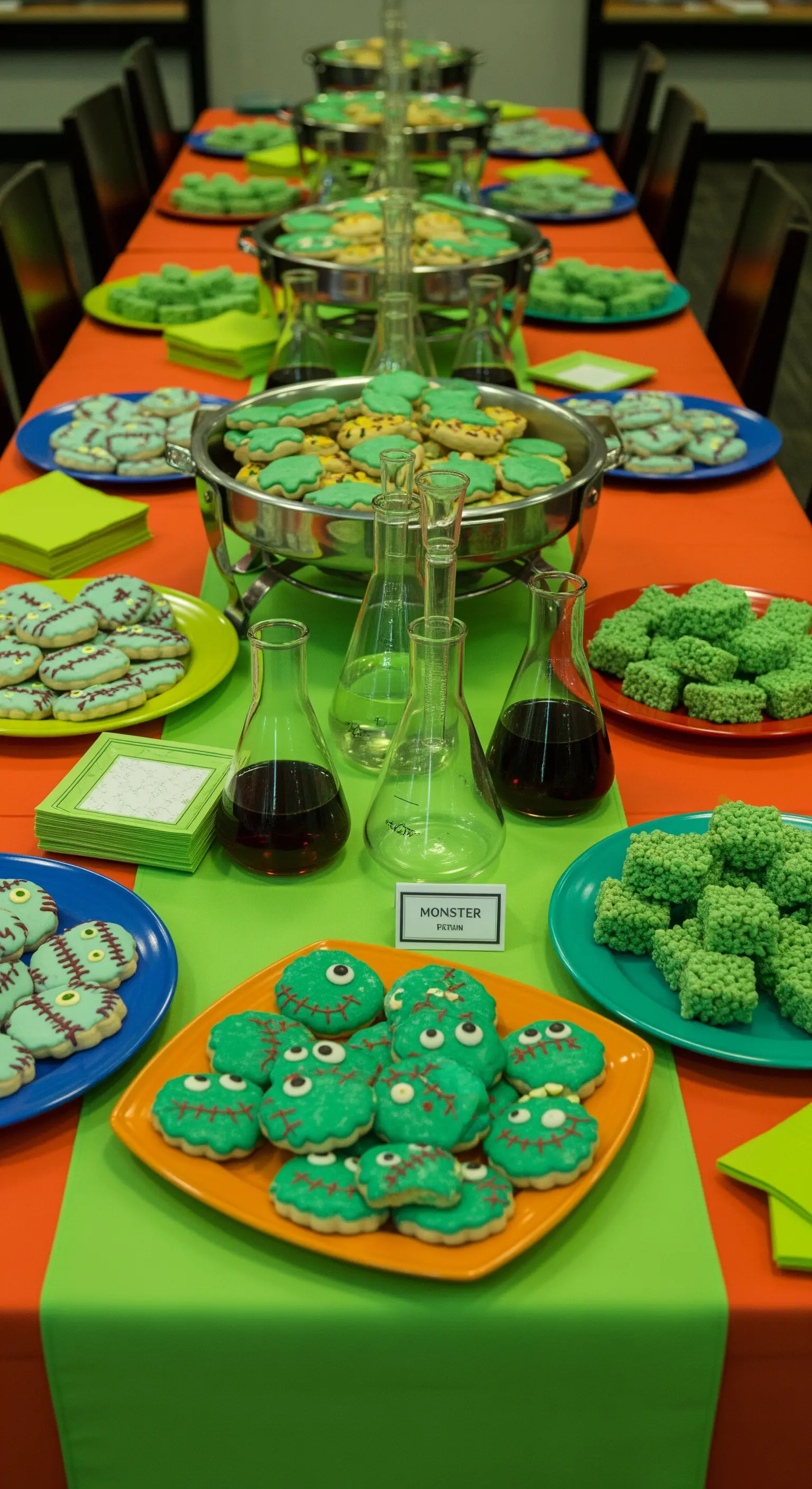 Buffet di Halloween con dolci verdi e arancioni a tema mostro e laboratorio.