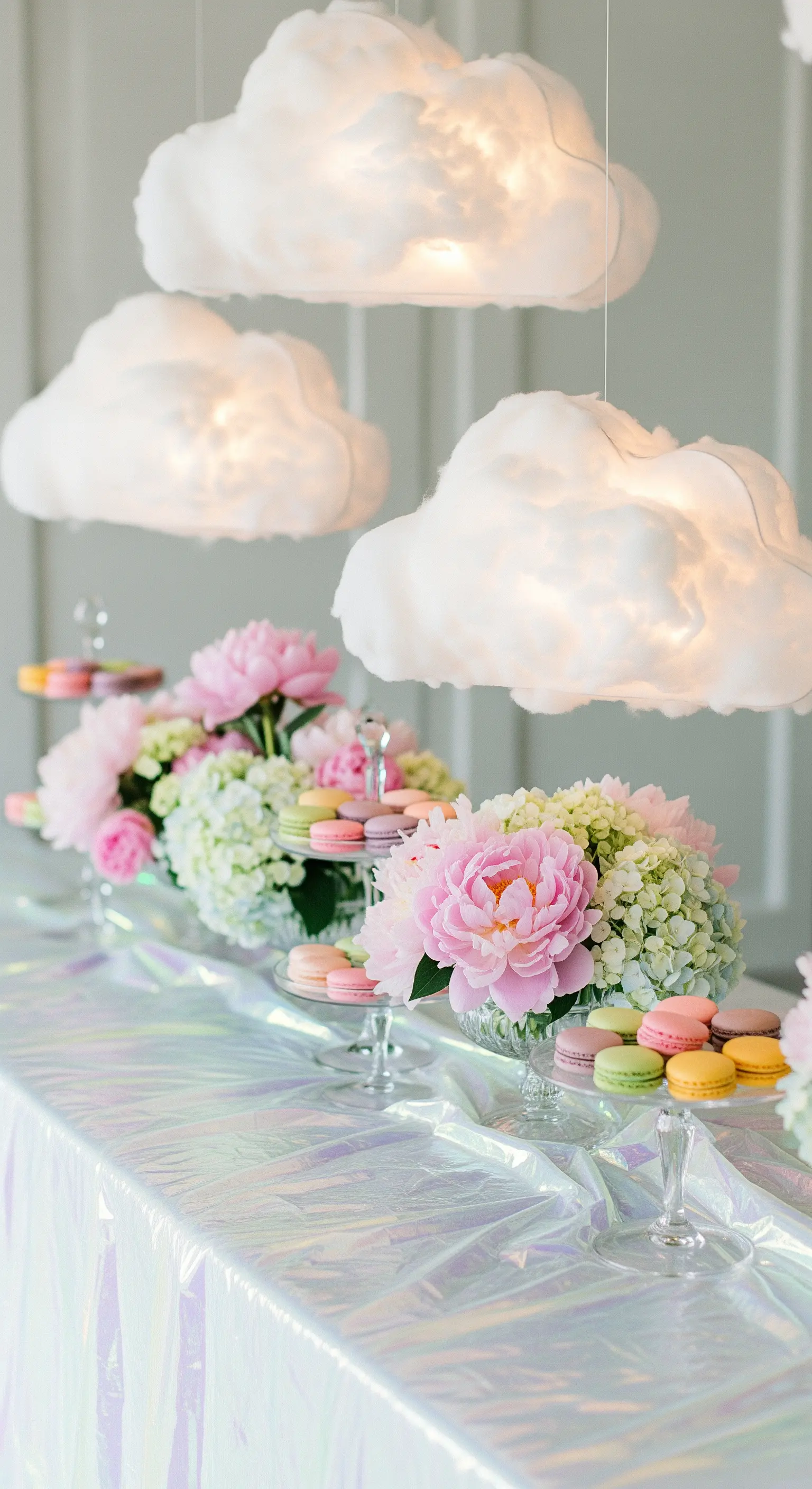 Tavolo da dessert con tovaglia iridescente, peonie e lampade a forma di nuvola.