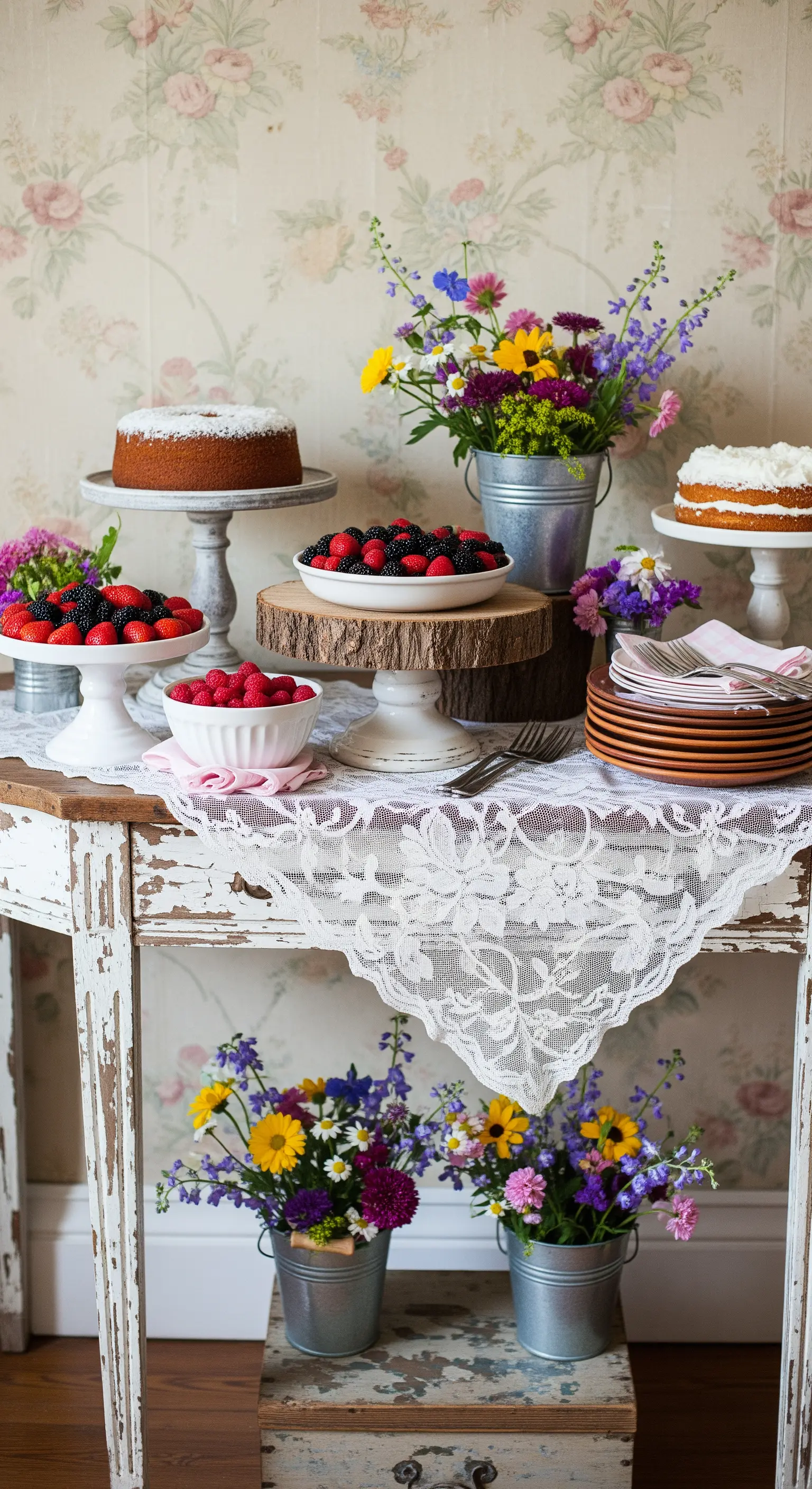 Buffet di dolci shabby chic su tavolo decapé con alzatine, frutta fresca e fiori in secchi di zinco