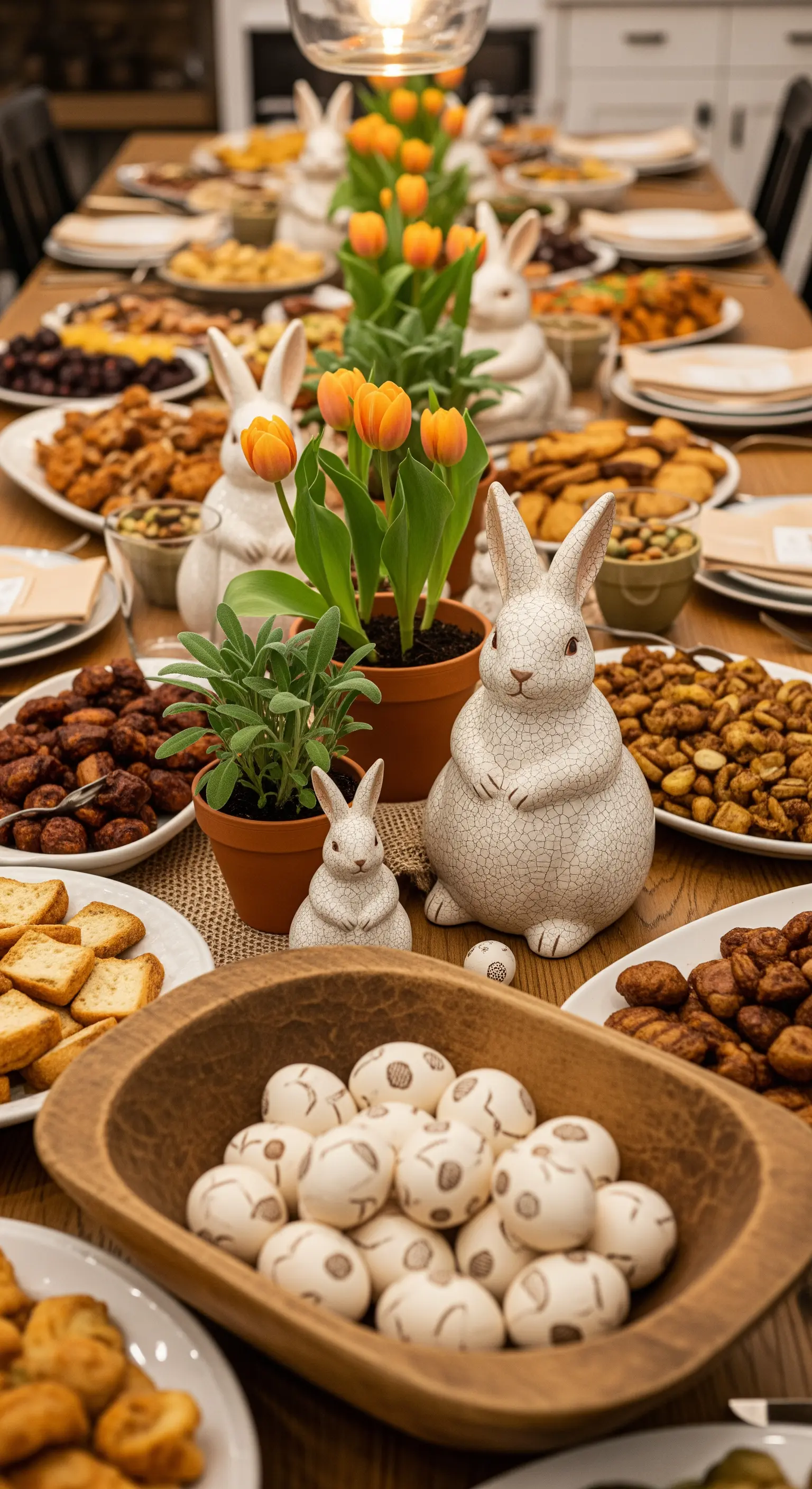 Lunga tavola imbandita in stile rustico con cibo, piante in vaso e coniglietti in ceramica