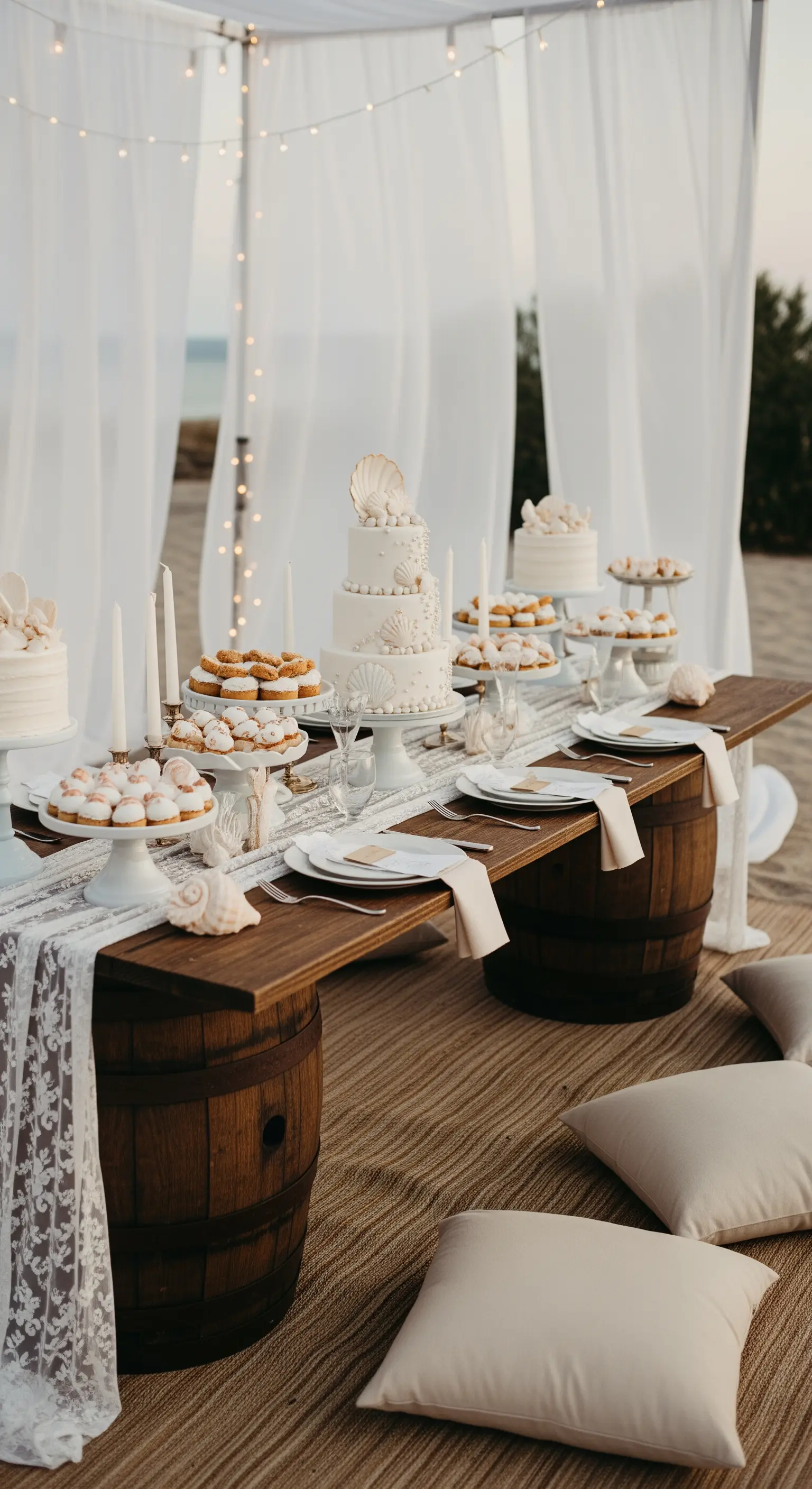 Tavolo da dessert sulla spiaggia allestito su botti di legno, con torte e dolci a tema marino.