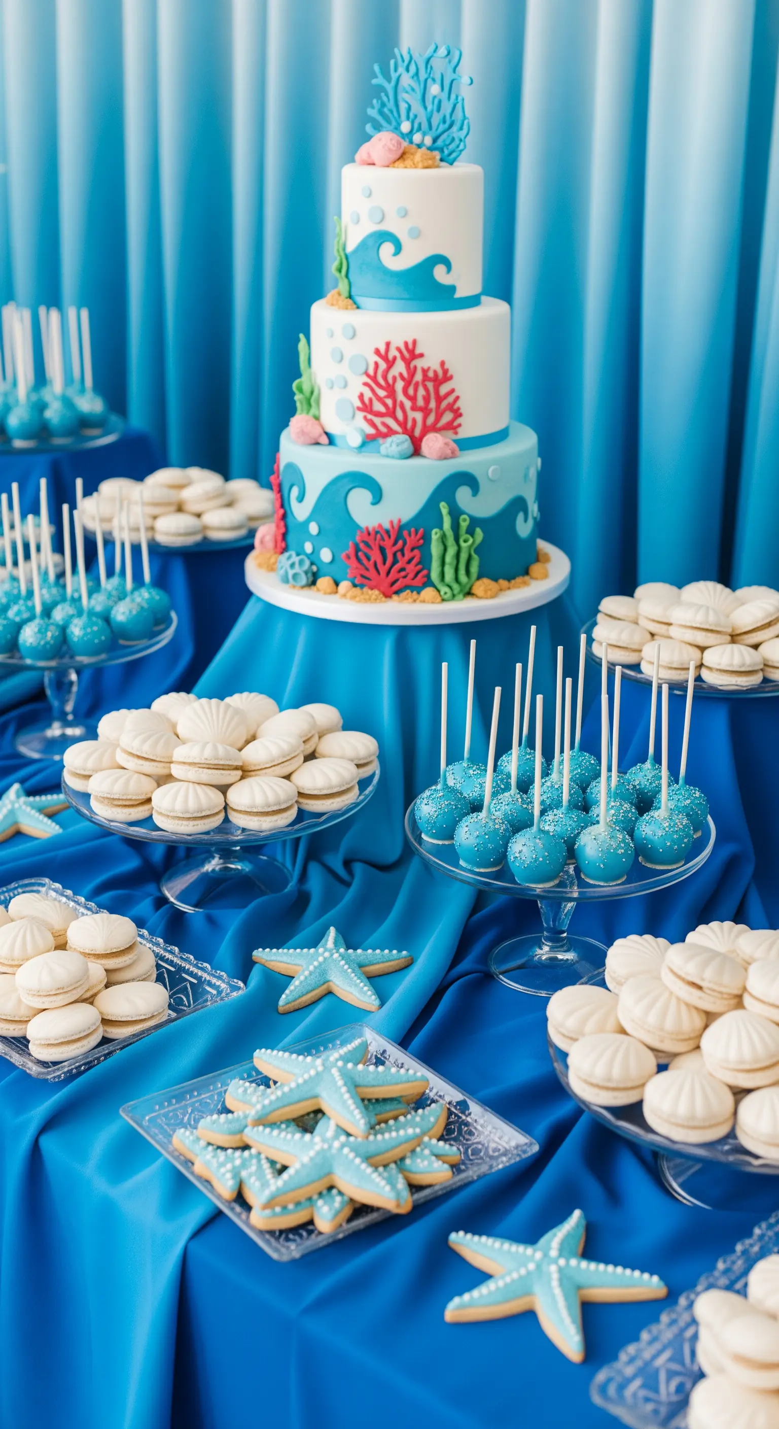 Tavolo dei dolci a tema marino con torta, cake pops e biscotti a forma di conchiglia
