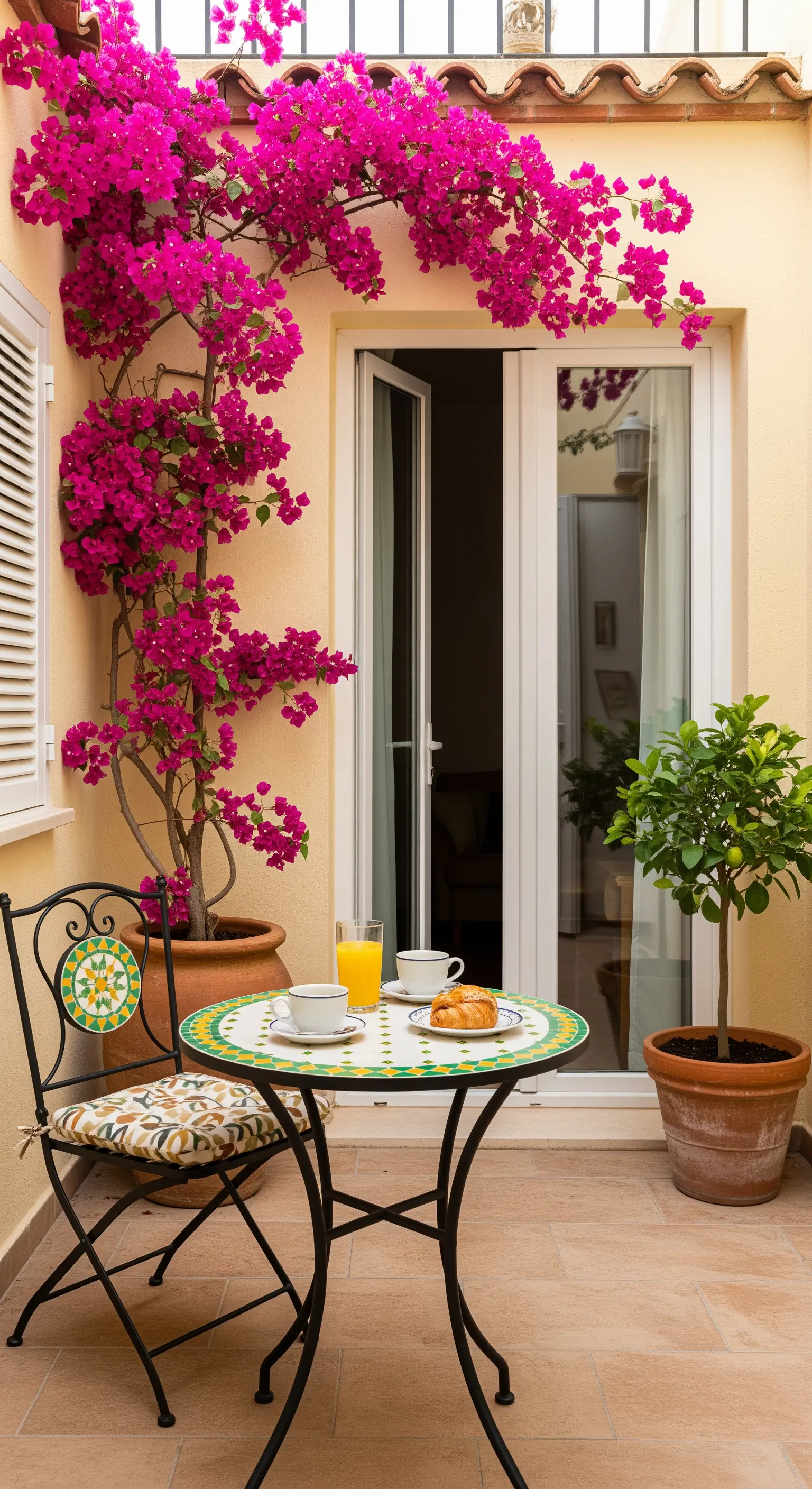 Angolo colazione in patio con tavolo in mosaico, bouganville e un albero di lime.