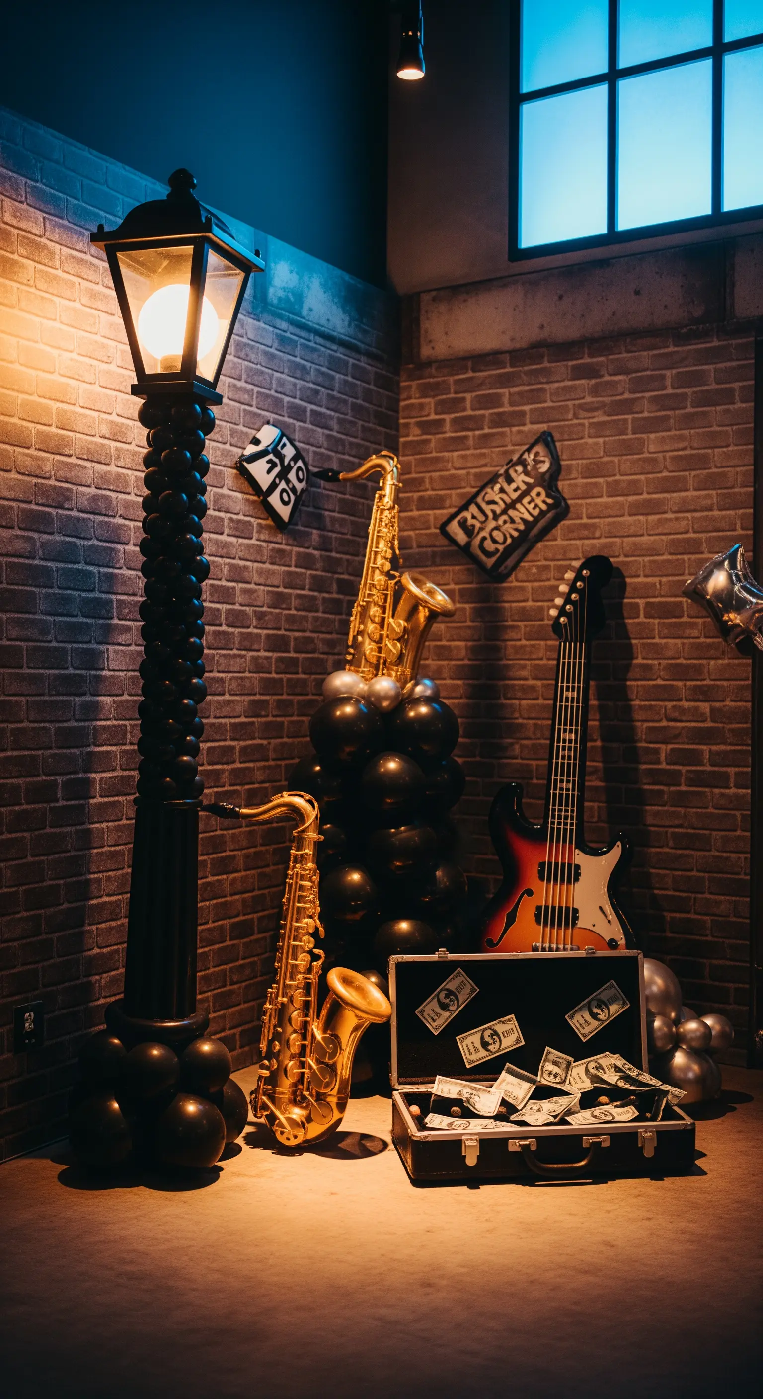 Angolo a tema musicista di strada con lampione di palloncini, sassofoni e custodia per chitarra.