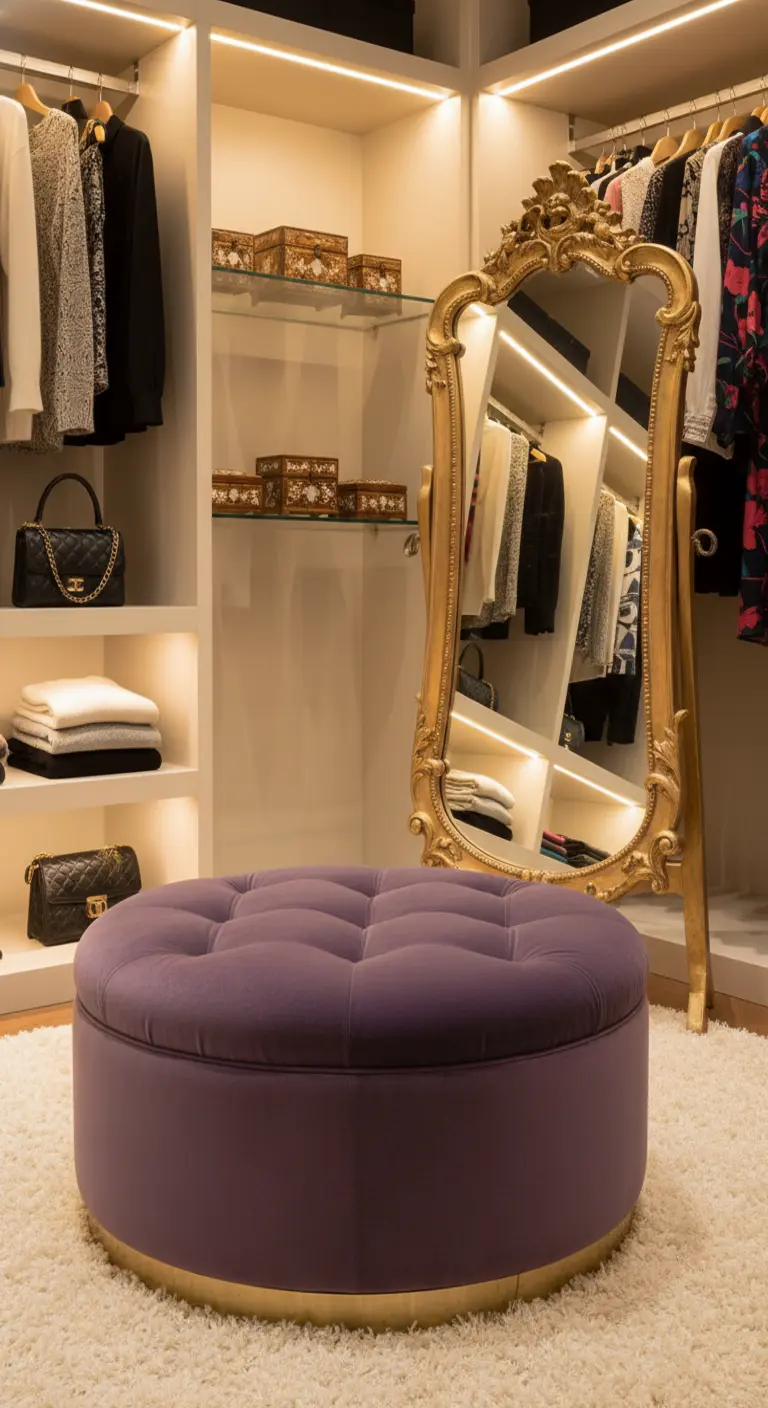 Cabina armadio con specchio barocco dorato autoportante e pouf rotondo in velluto viola.