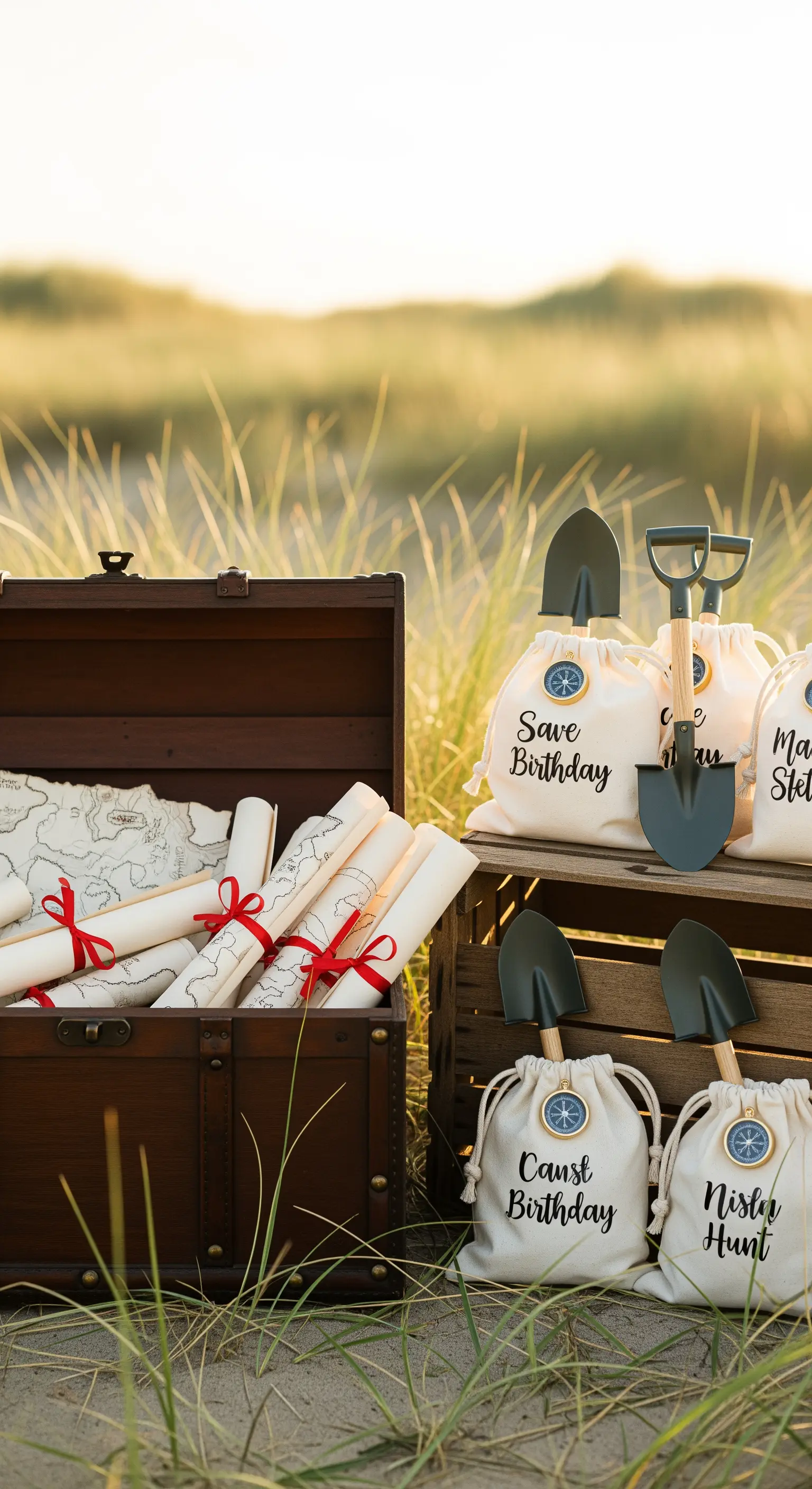 Kit per caccia al tesoro con mappe, palette e sacchetti personalizzati in un baule