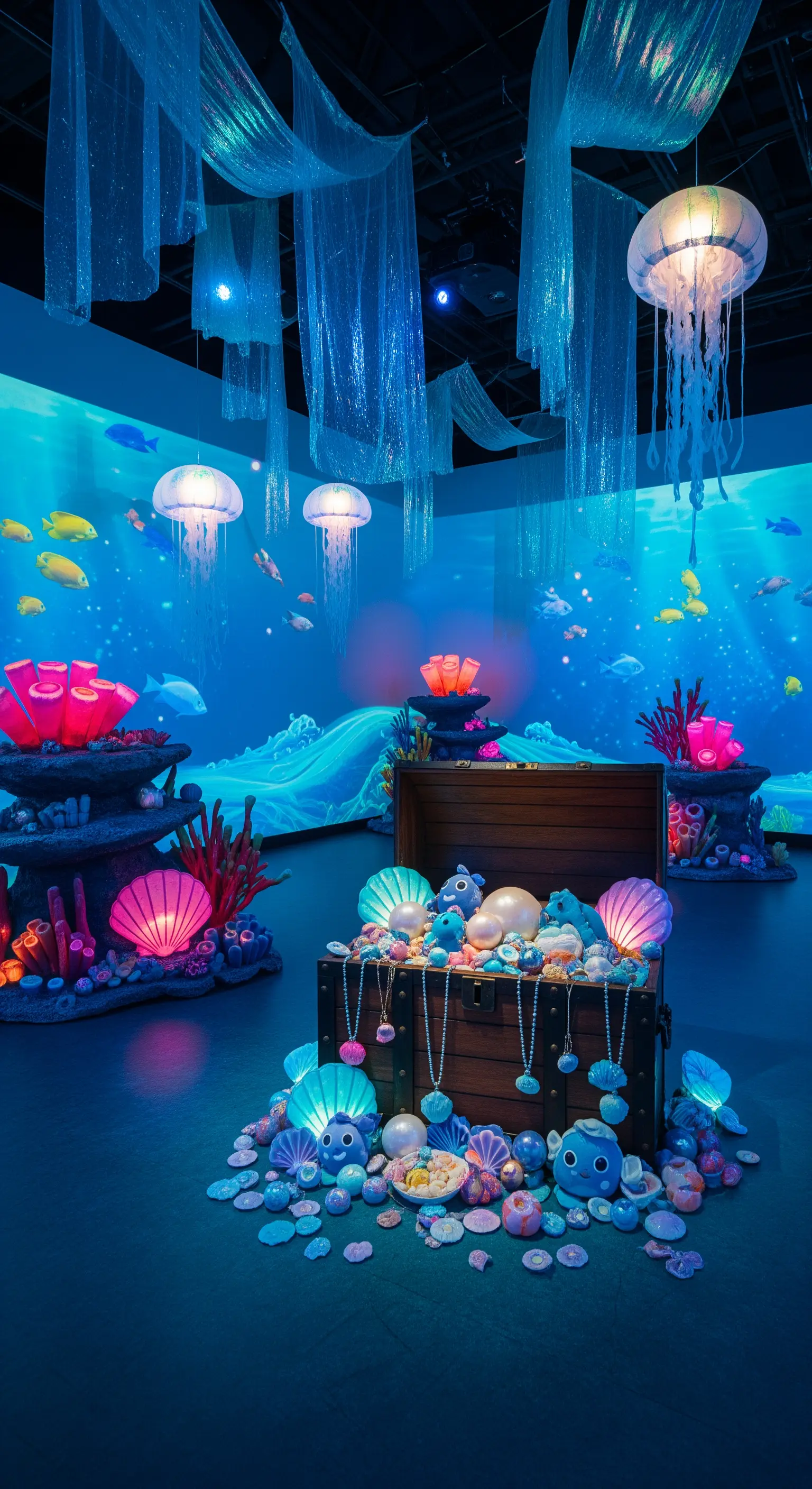 Una stanza trasformata in un fondale marino con luci blu, meduse luminose e un forziere del tesoro.
