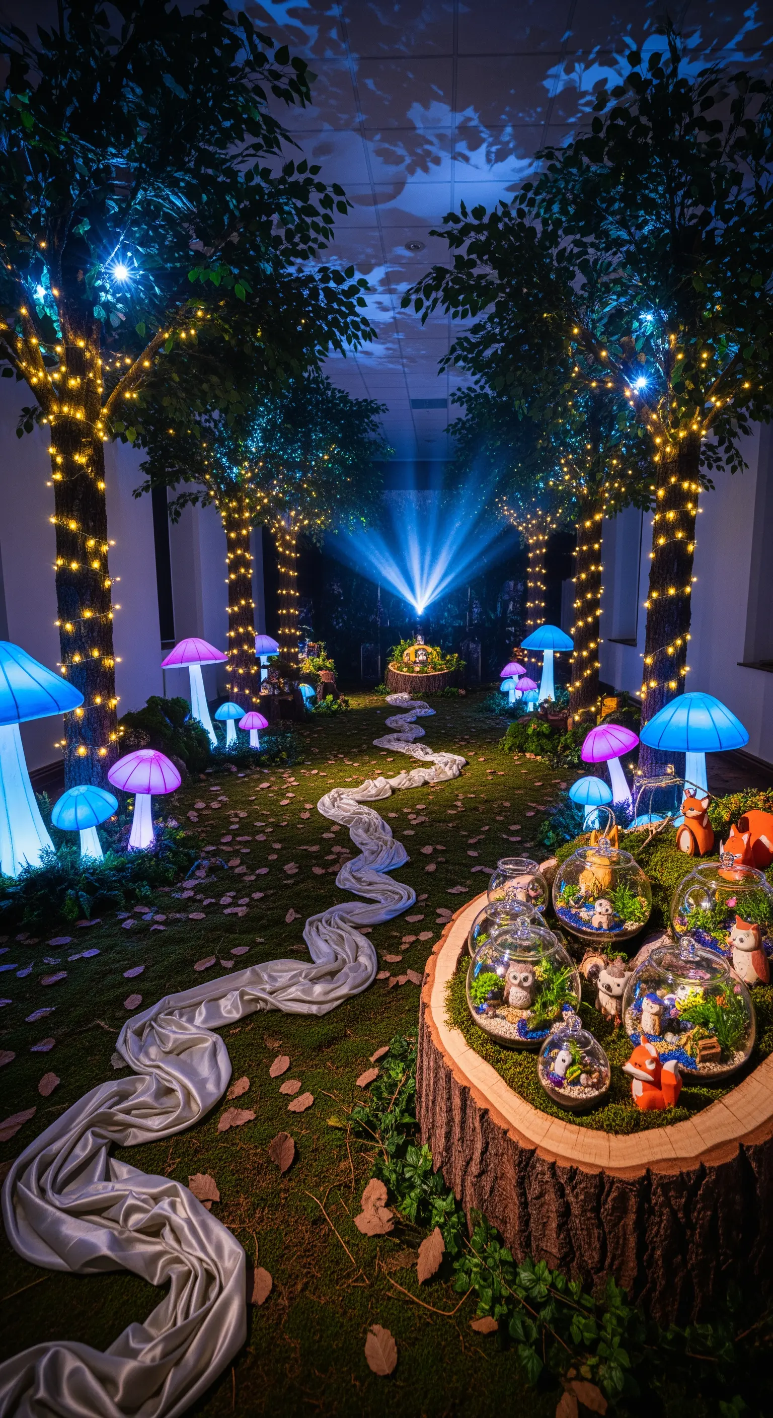 Un allestimento a tema bosco incantato con alberi illuminati, funghi a LED e un sentiero di raso.