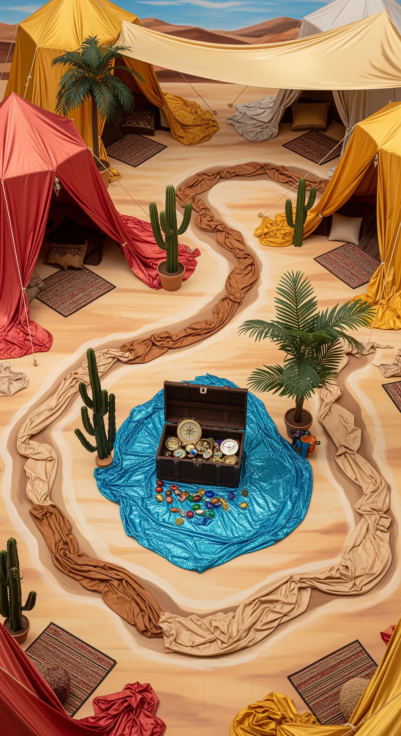 Un'ambientazione desertica creata con teli, tende, piante finte e un'oasi blu con un tesoro.