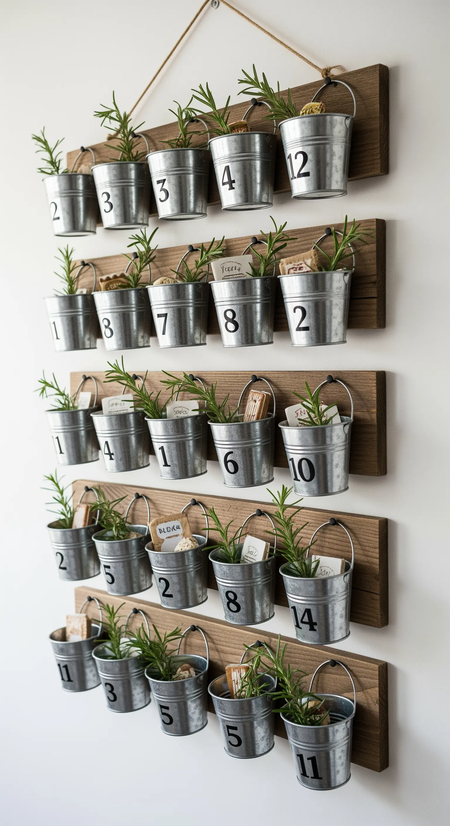 Calendario dell'Avvento da parete con secchielli di metallo su assi di legno.