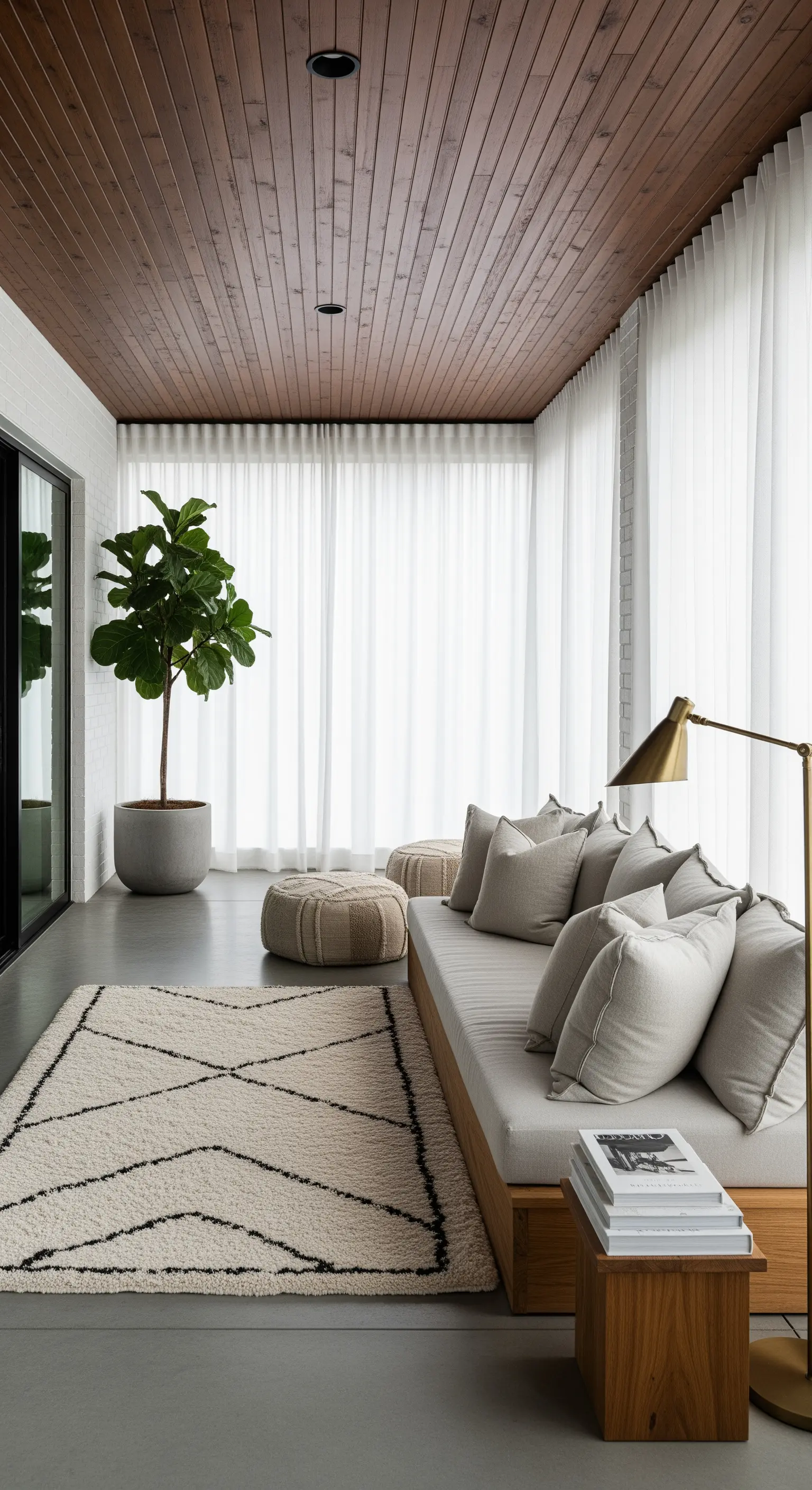 Veranda moderna con soffitto in legno, tende a tutta parete e divano basso color lino.