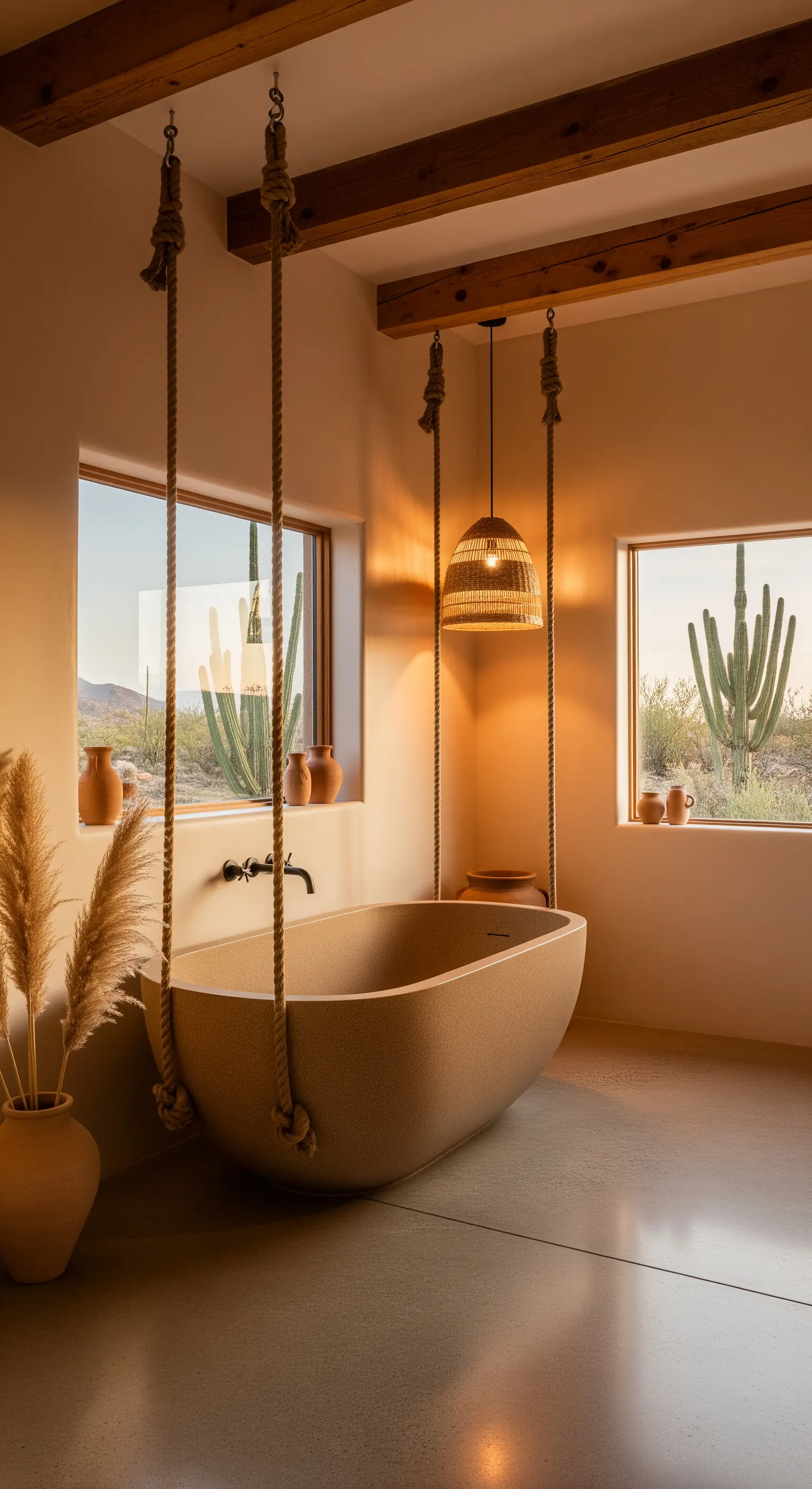 Vasca color sabbia sospesa con corde in un bagno desert-modern con vista su cactus.
