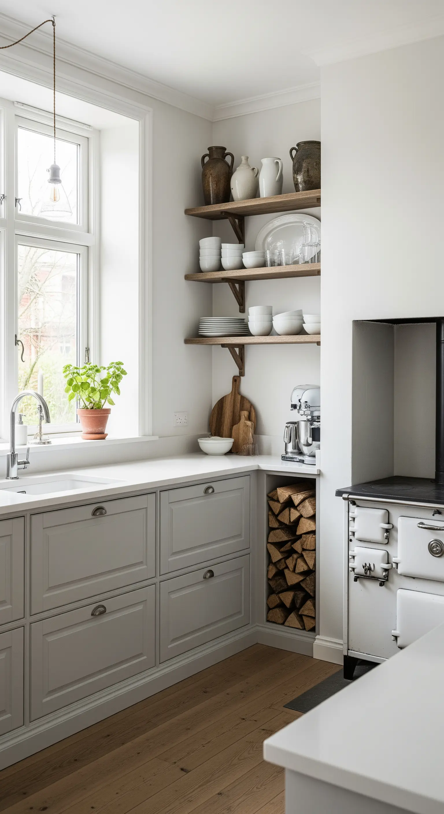 Angolo cucina grigio chiaro con mensole in legno grezzo, stoviglie bianche e una nicchia per la legna.