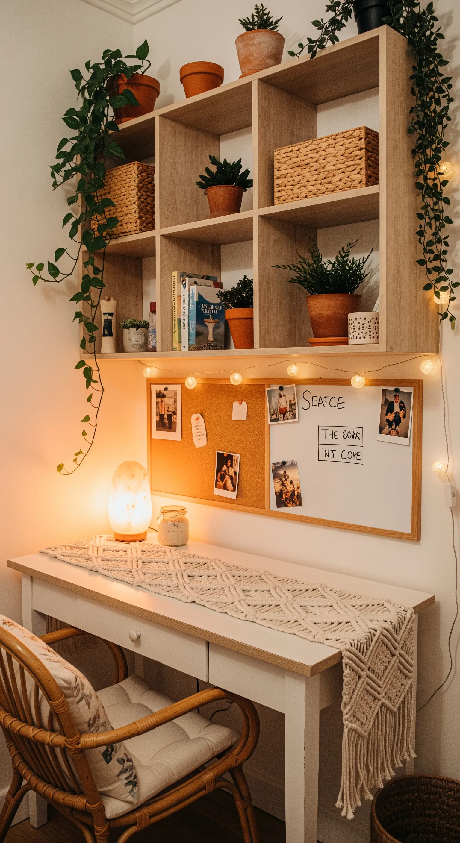 Scrivania in stile bohémien con piante, runner in macramè e una lampada di sale.