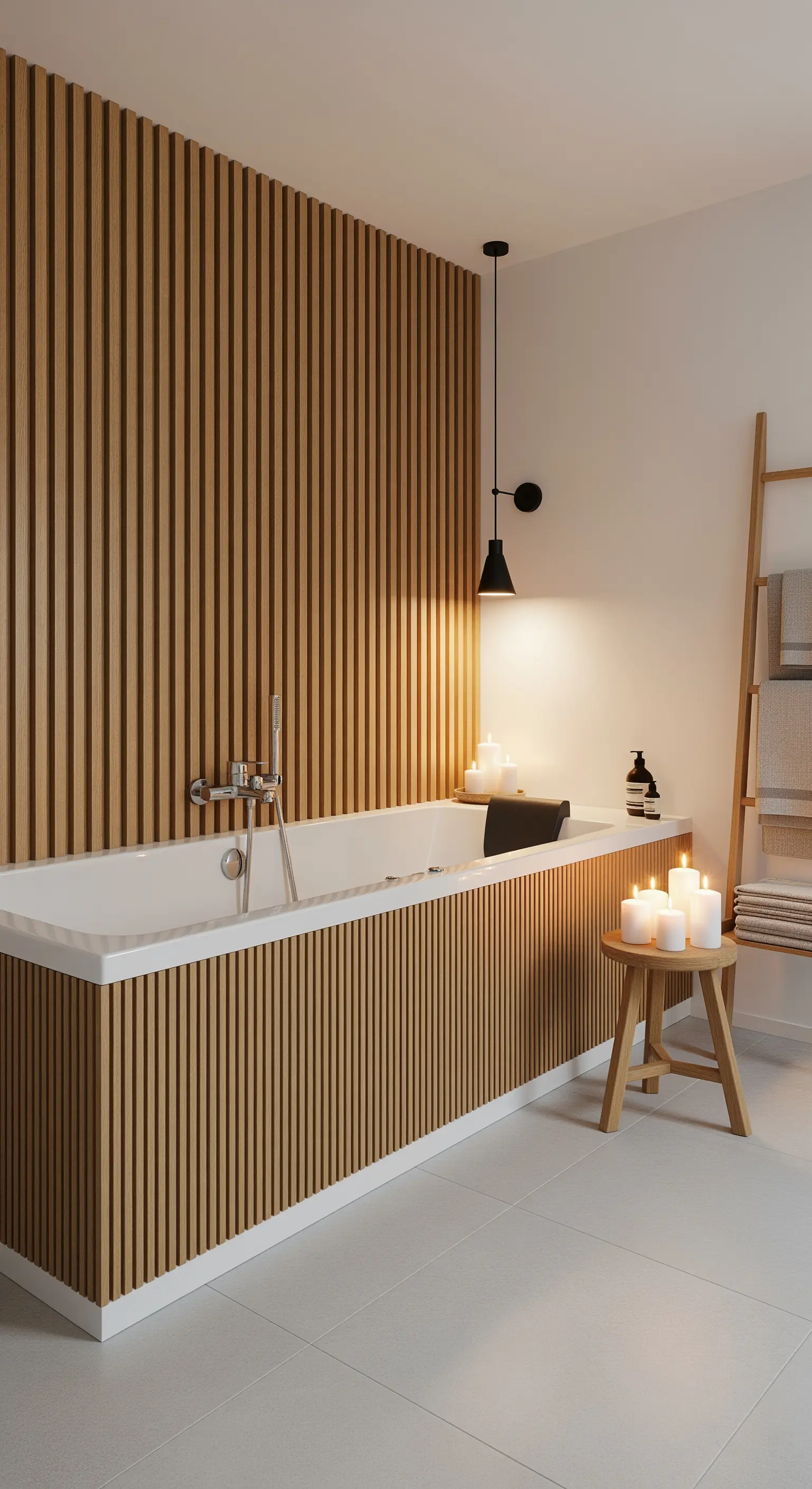 Bagno minimalista con parete e vasca rivestite in listelli di legno chiaro.