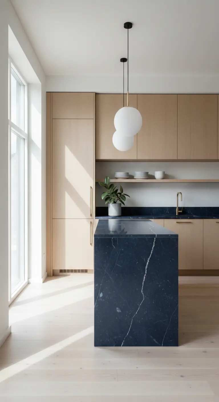 Cucina minimalista con mobili in legno chiaro e isola monolitica in marmo blu notte.
