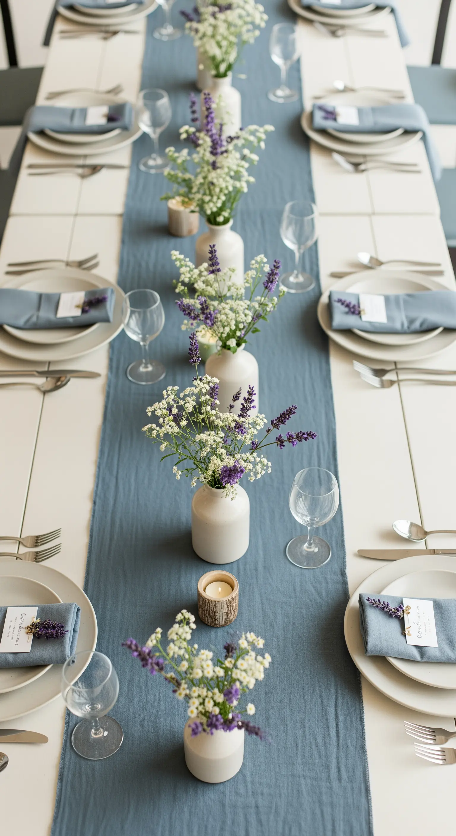 Lunga tavola bianca con runner blu, piccoli vasi di lavanda e gypsophila e candele.