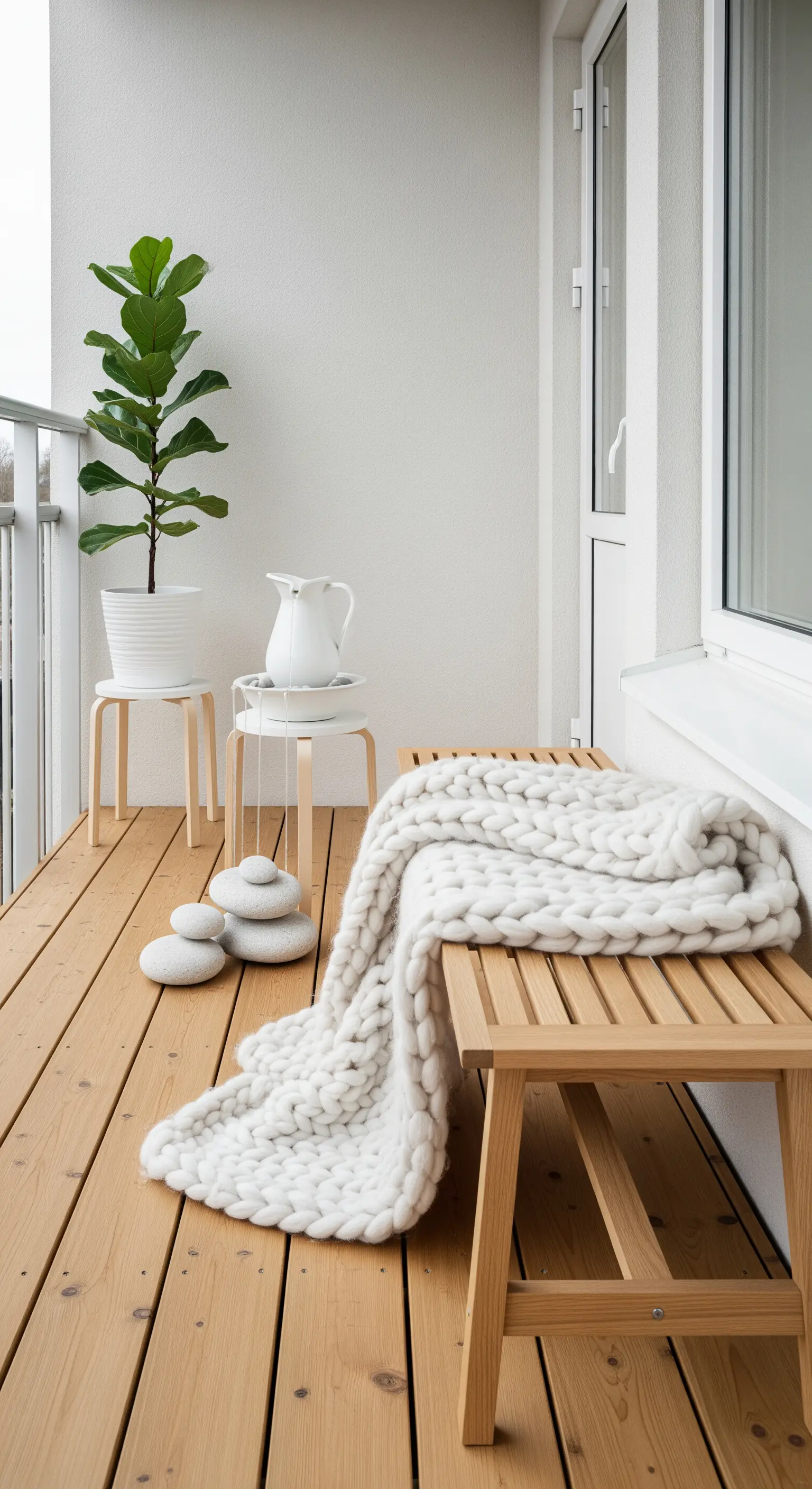 Balcone in stile scandinavo con panca in legno, coperta di lana e una piccola fontana bianca.
