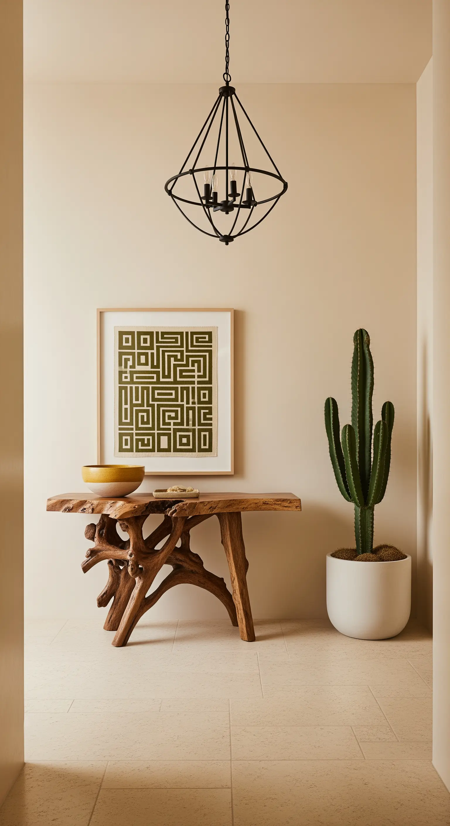 Consolle scultorea in legno di radice, con quadro geometrico verde e un grande cactus.