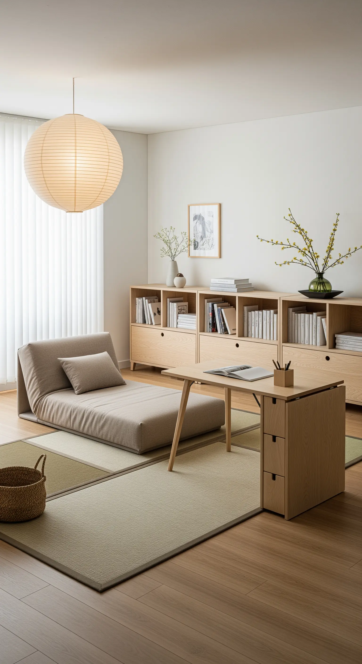 Salotto in stile zen con futon beige, mobili bassi in legno chiaro e lampada di carta.