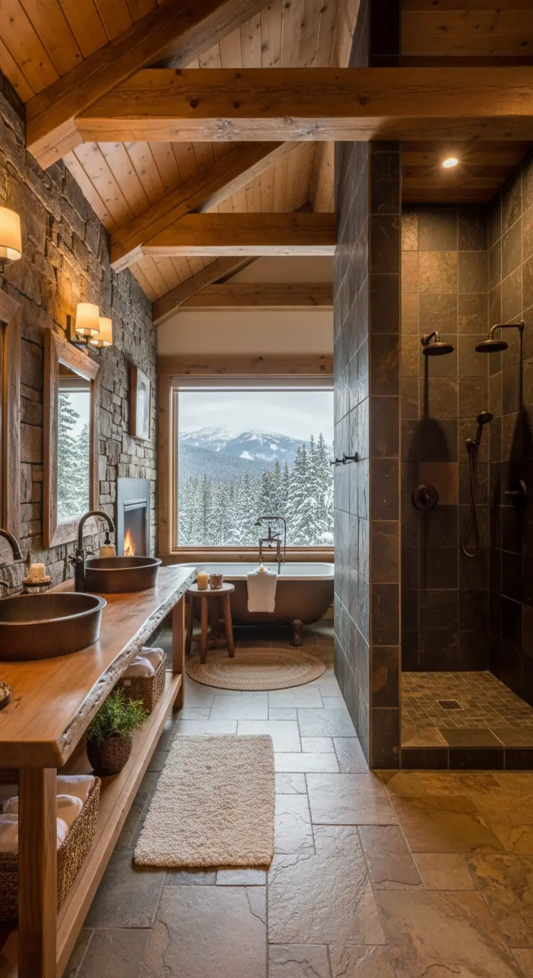 Bagno rustico in stile baita con pareti in pietra, travi a vista, vasca in rame e camino.