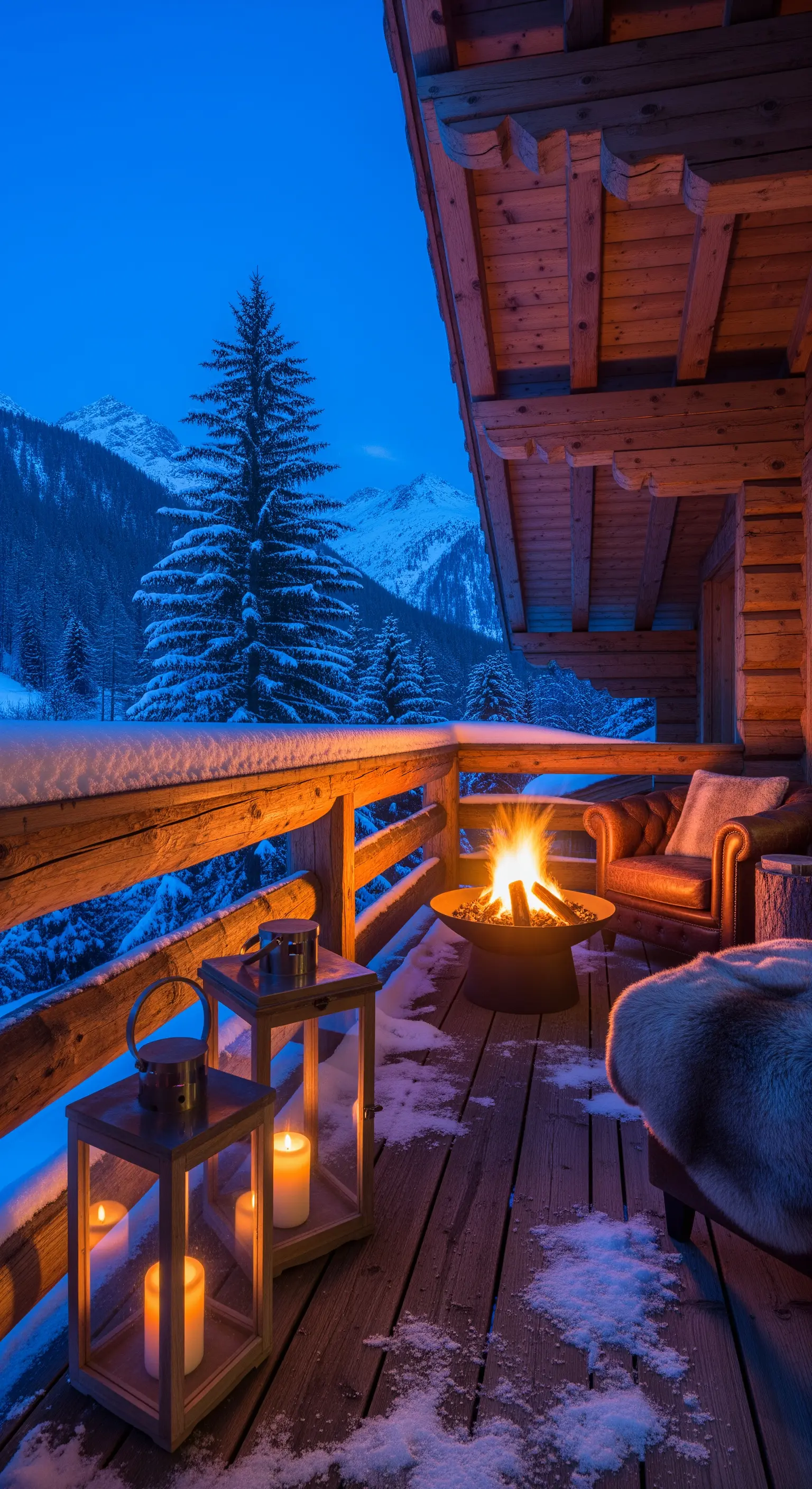 Balcone di montagna innevato con braciere acceso, poltrone in pelle e lanterne.