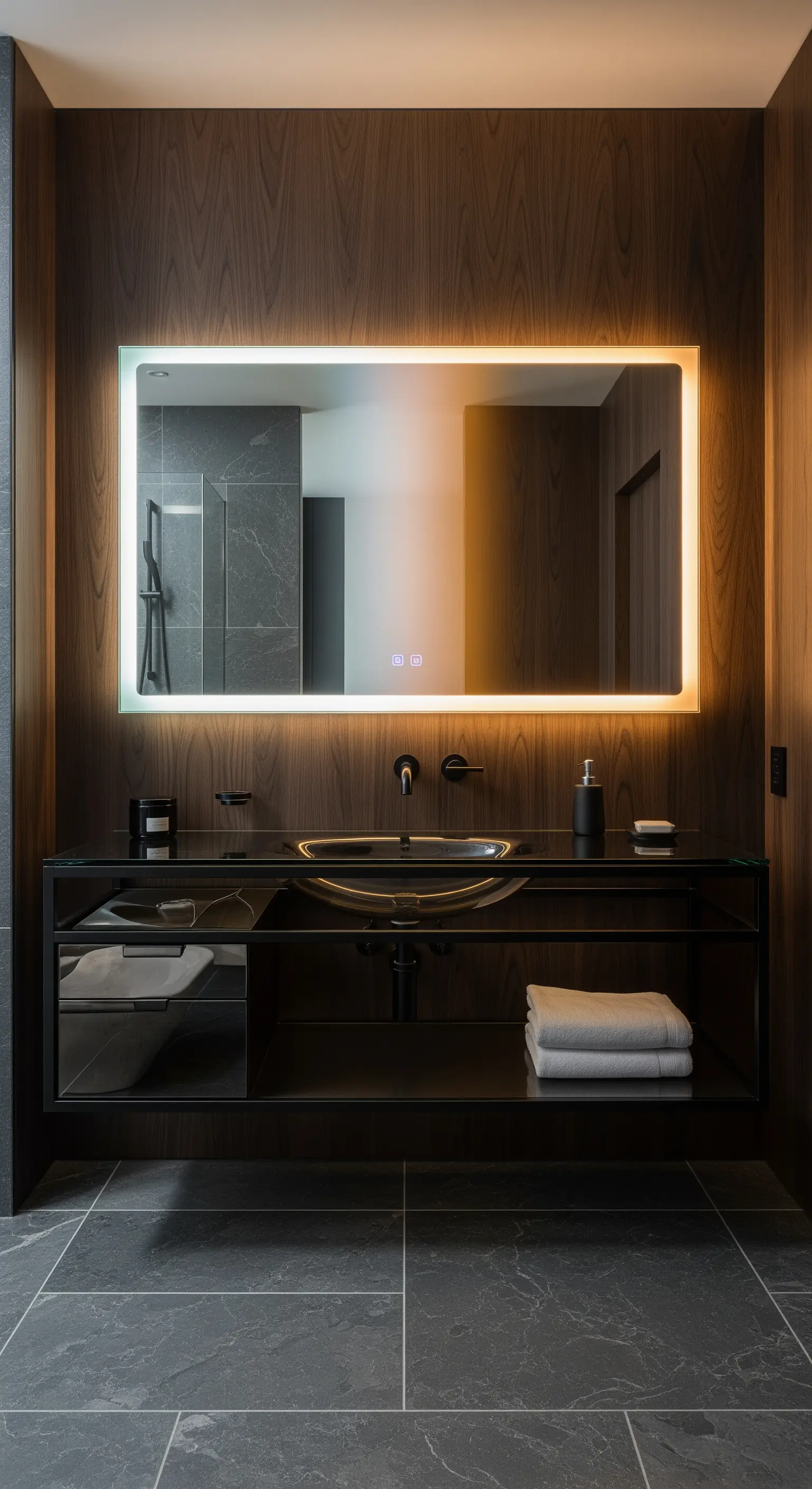 Specchio rettangolare con luce calda in un bagno con legno scuro e ardesia.