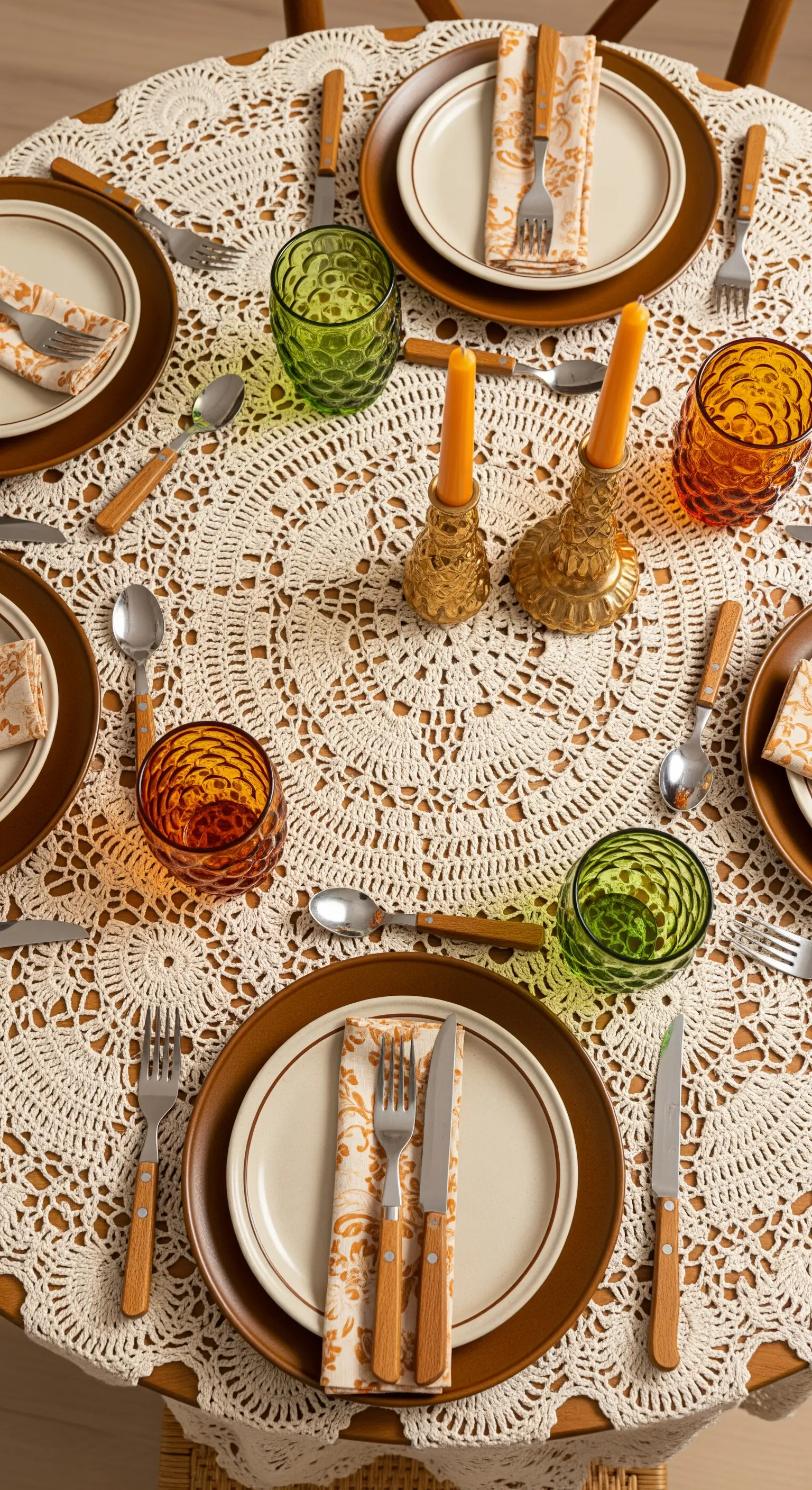 Tavola vintage con tovaglia all'uncinetto, piatti marroni, posate in legno e bicchieri ambrati.
