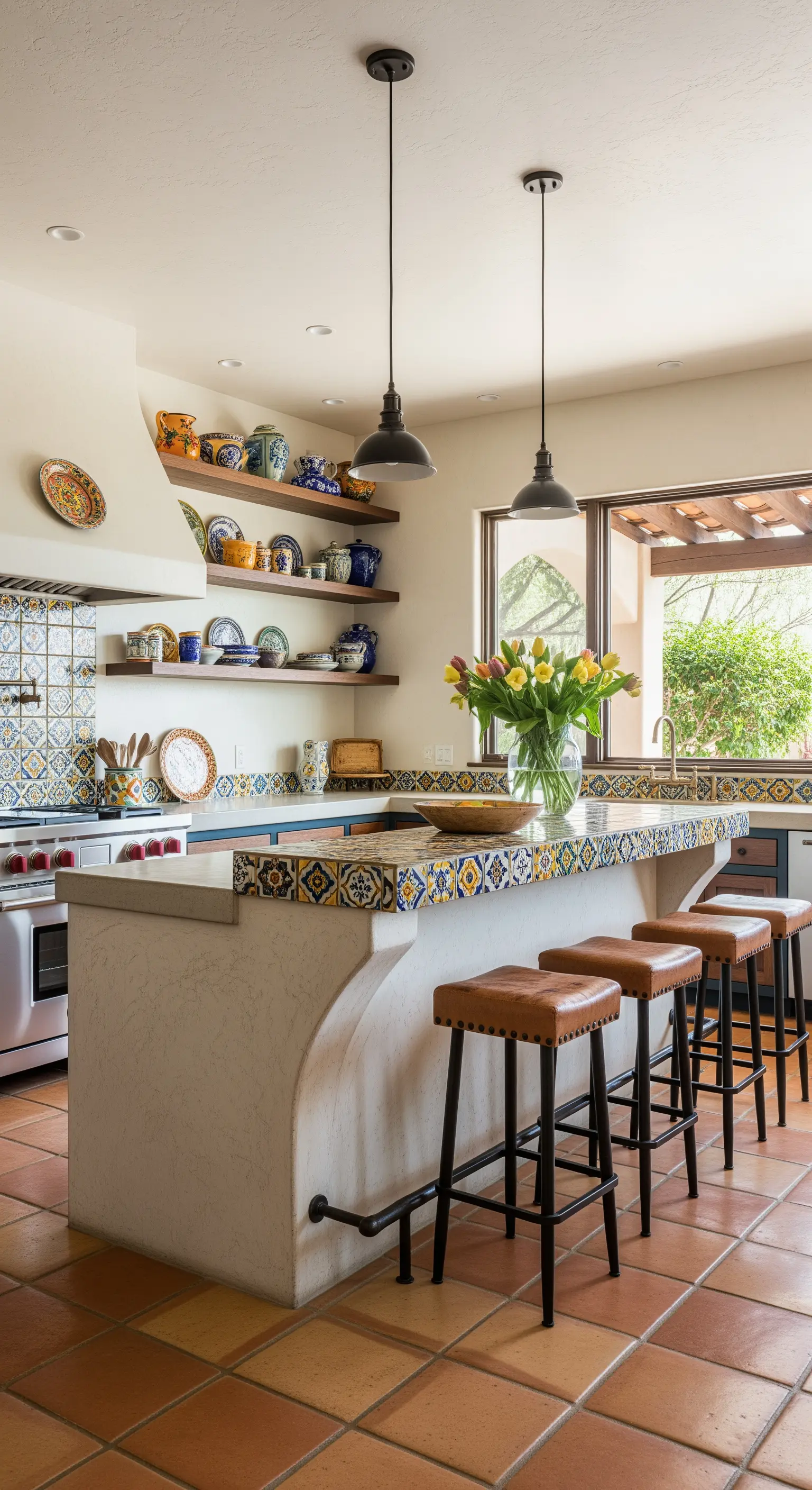 Isola in stile messicano con piano in piastrelle colorate e sgabelli in pelle marrone.