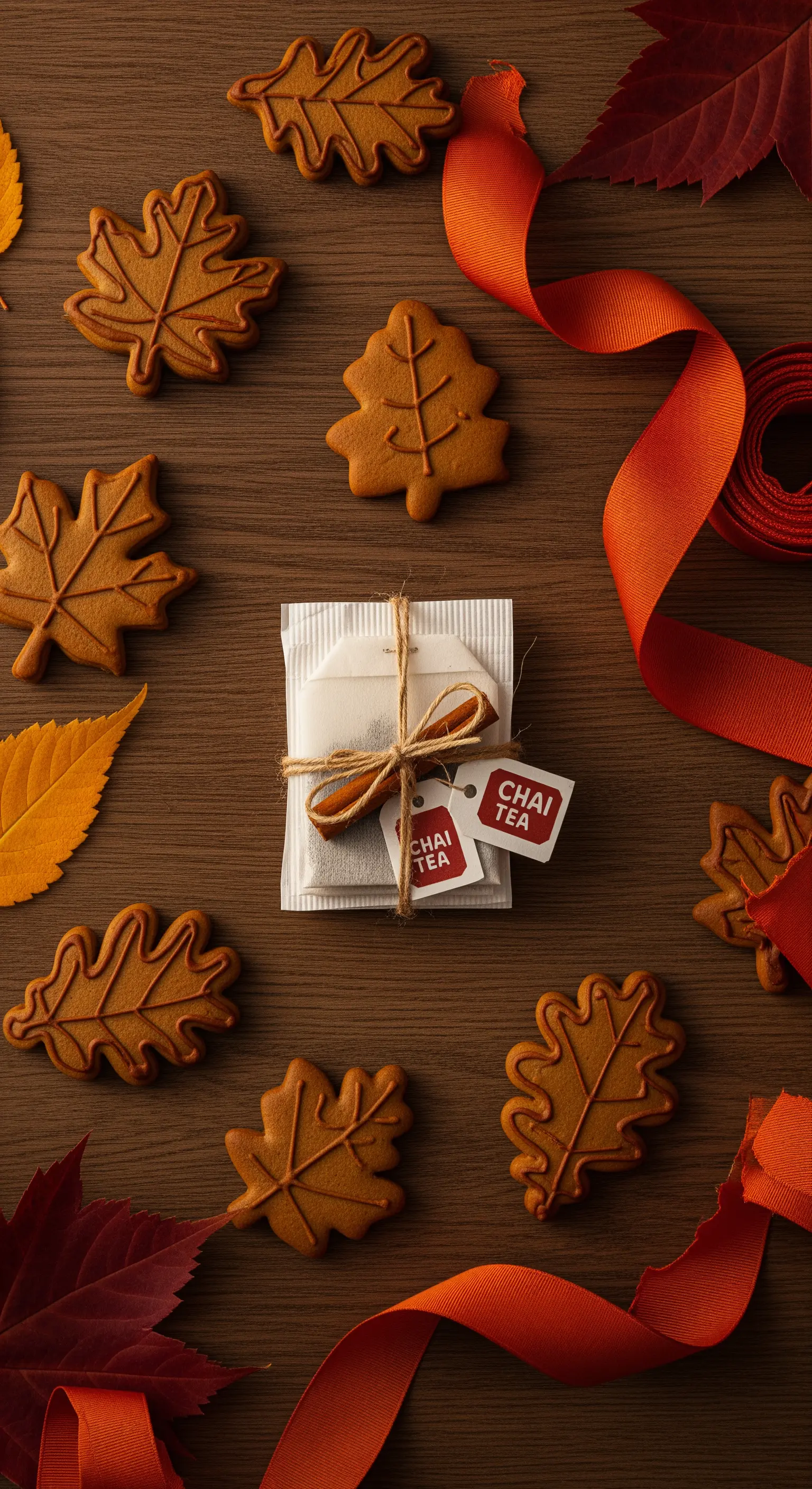 Biscotti a forma di foglia autunnale e bustine di tè chai legate con spago.