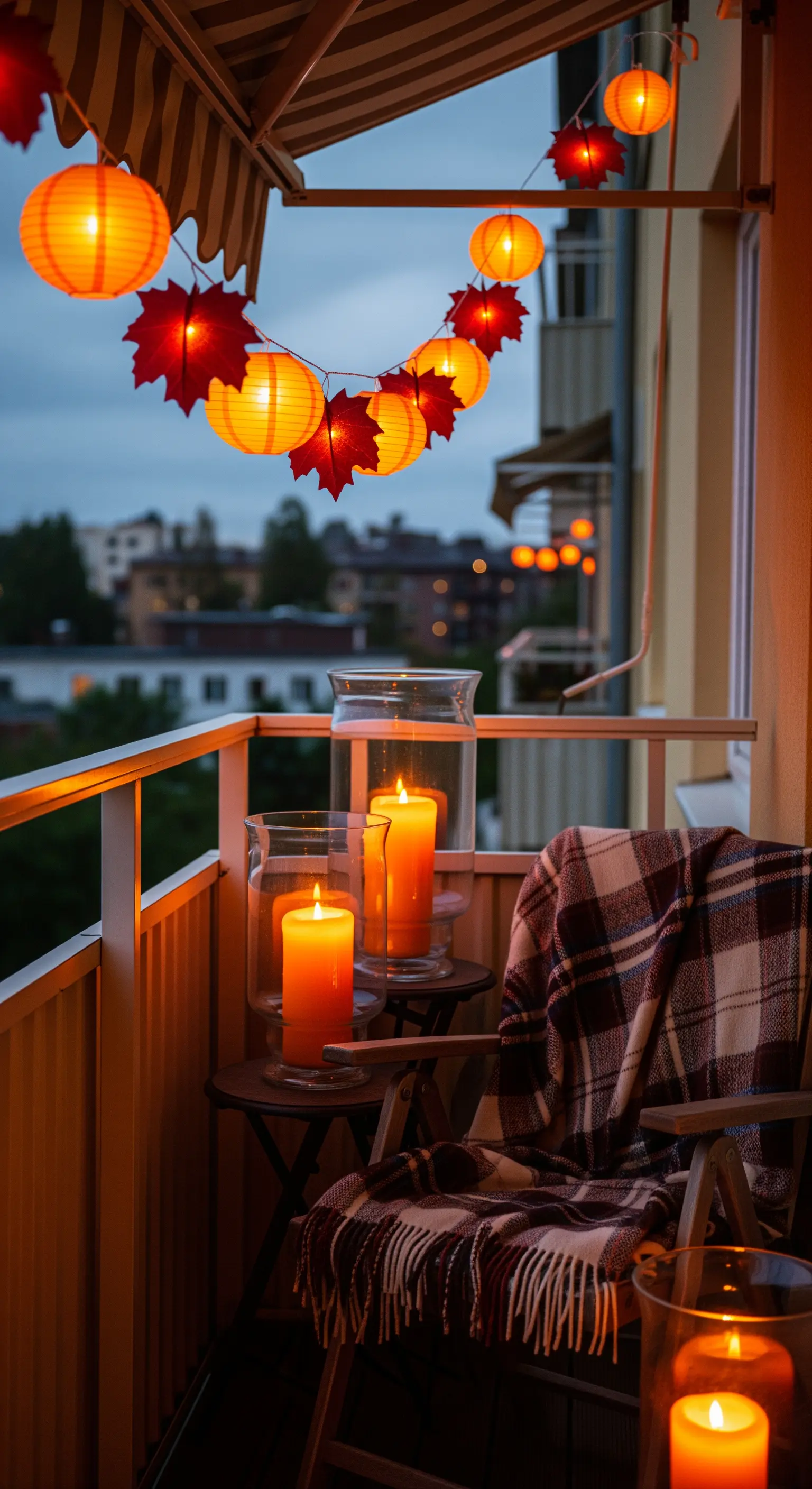 Balcone con grandi candele arancioni in vasi di vetro e una ghirlanda di lanterne e foglie autunnali